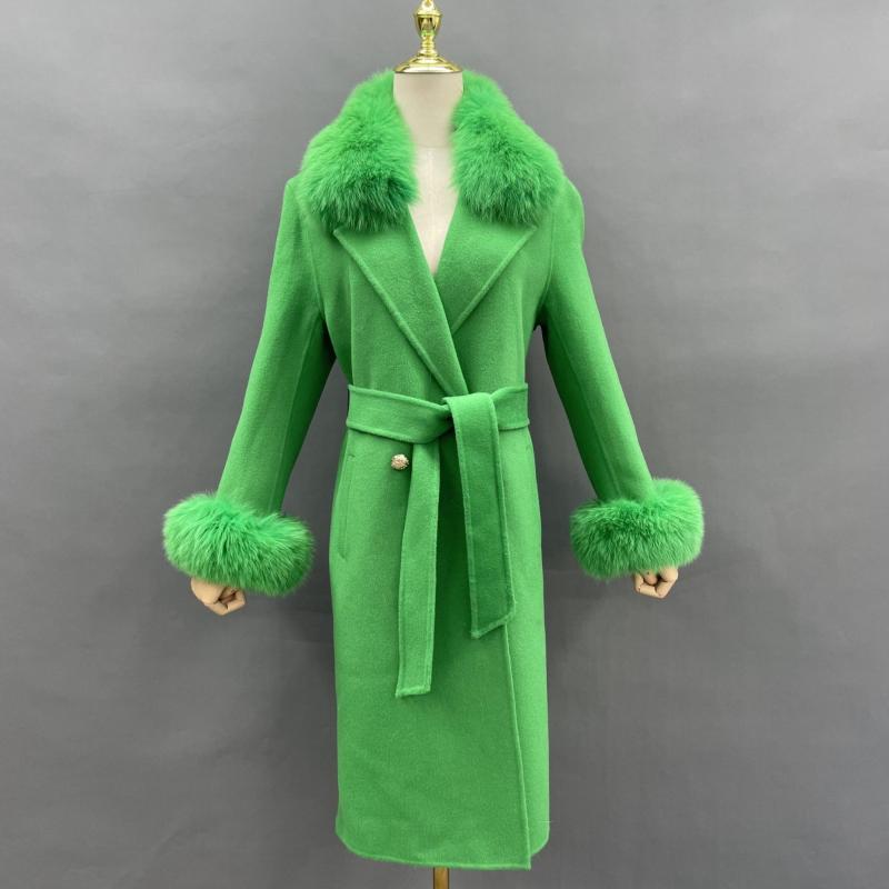 Women's Long Cashmere Coat With Fox Fur Collar And Belt - Janefur