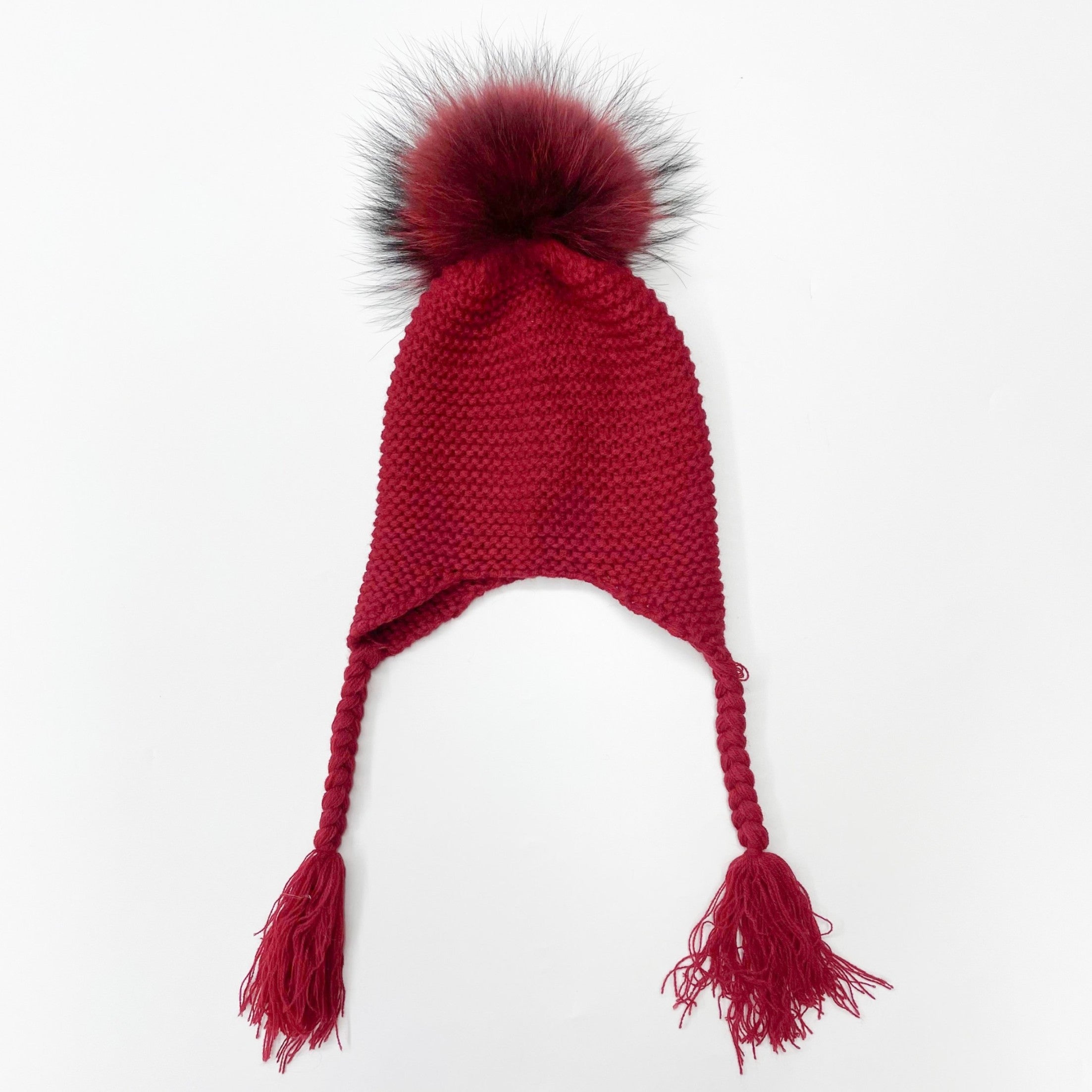 Children's Fashion Knitted Big Braid Raccoon Fur Pom Pom Hat - Janefur