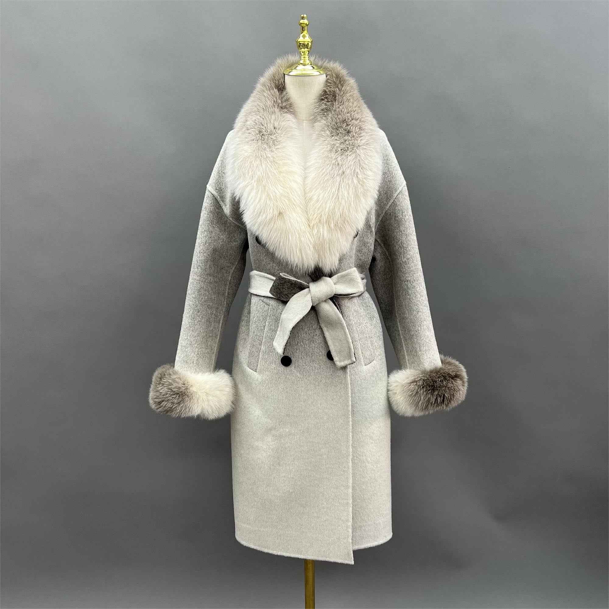 Janefur Trendy Gradient Color Real Fox Fur Collar Long Cashmere Coat for Women - Janefur