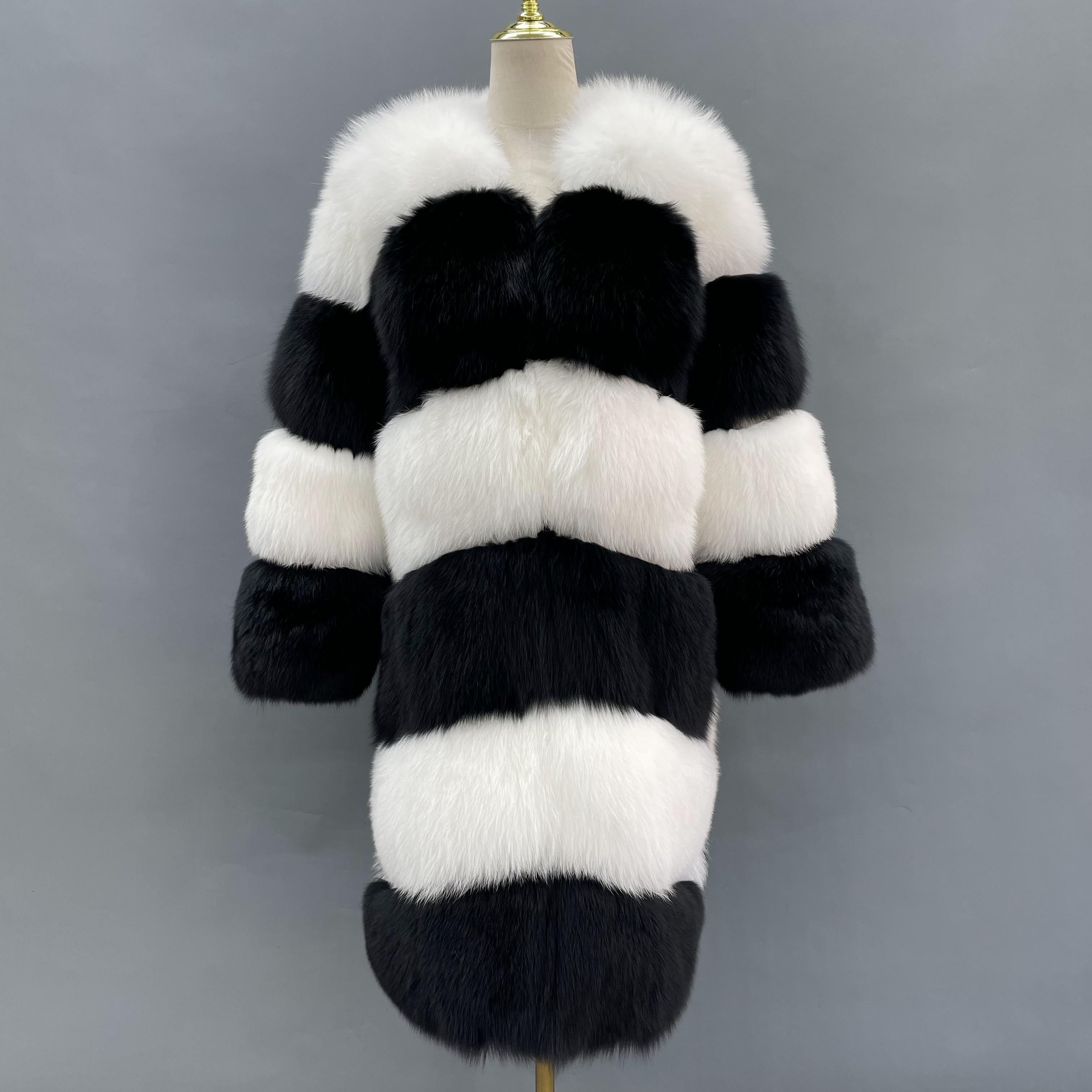 Black and White Stripe Fox Coat - Janefur
