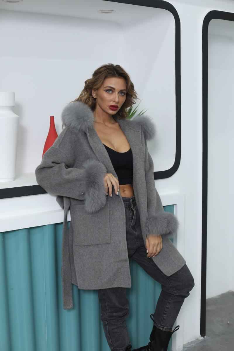 Short Length Hooded Double-faced Wool Coat with Large Pockets - Janefur