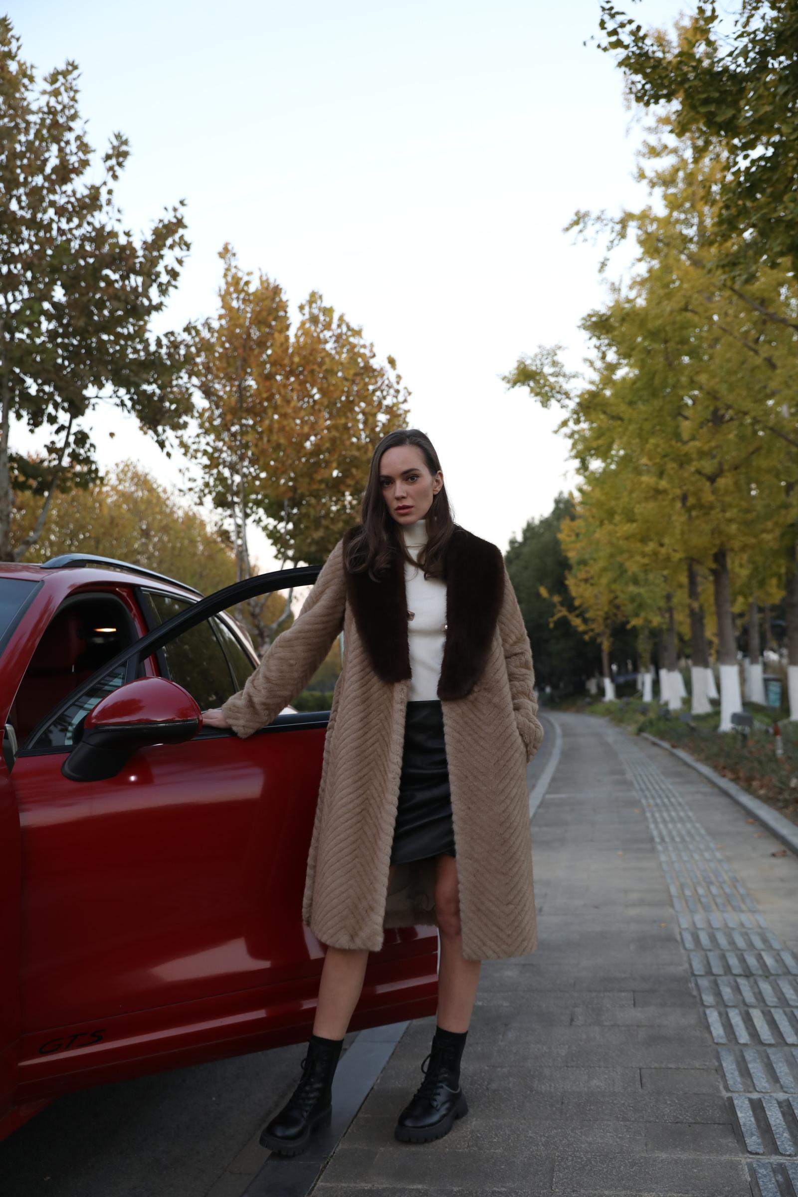 Women's Fashionable Lapel Herringbone Faux Mink Eco Fur Coat - Janefur