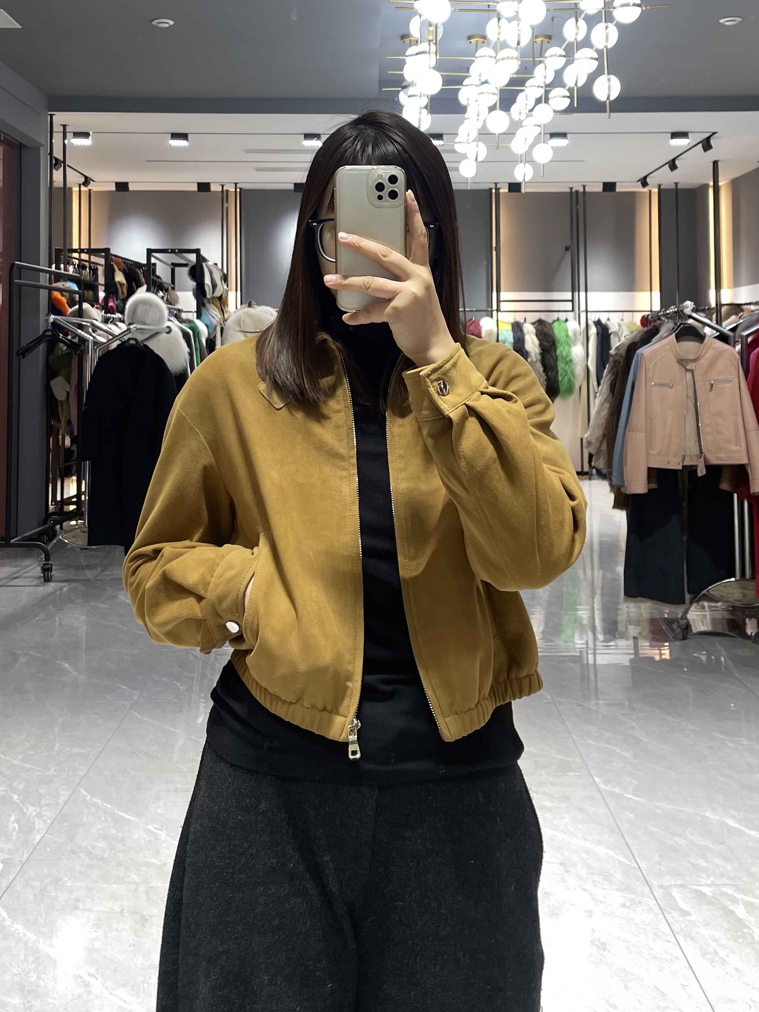 Suede Bomber Jacket with Zip Closure - Janefur