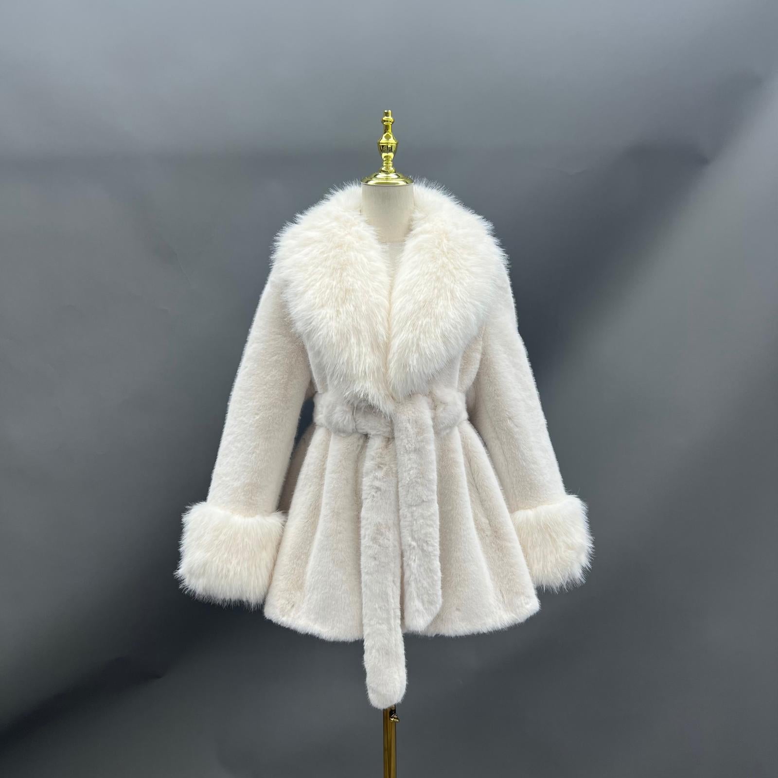 Eco-friendly Mink Fur Faux Mink Fur Shawl Collar Skirt Hem Women's Winter Coat - Janefur