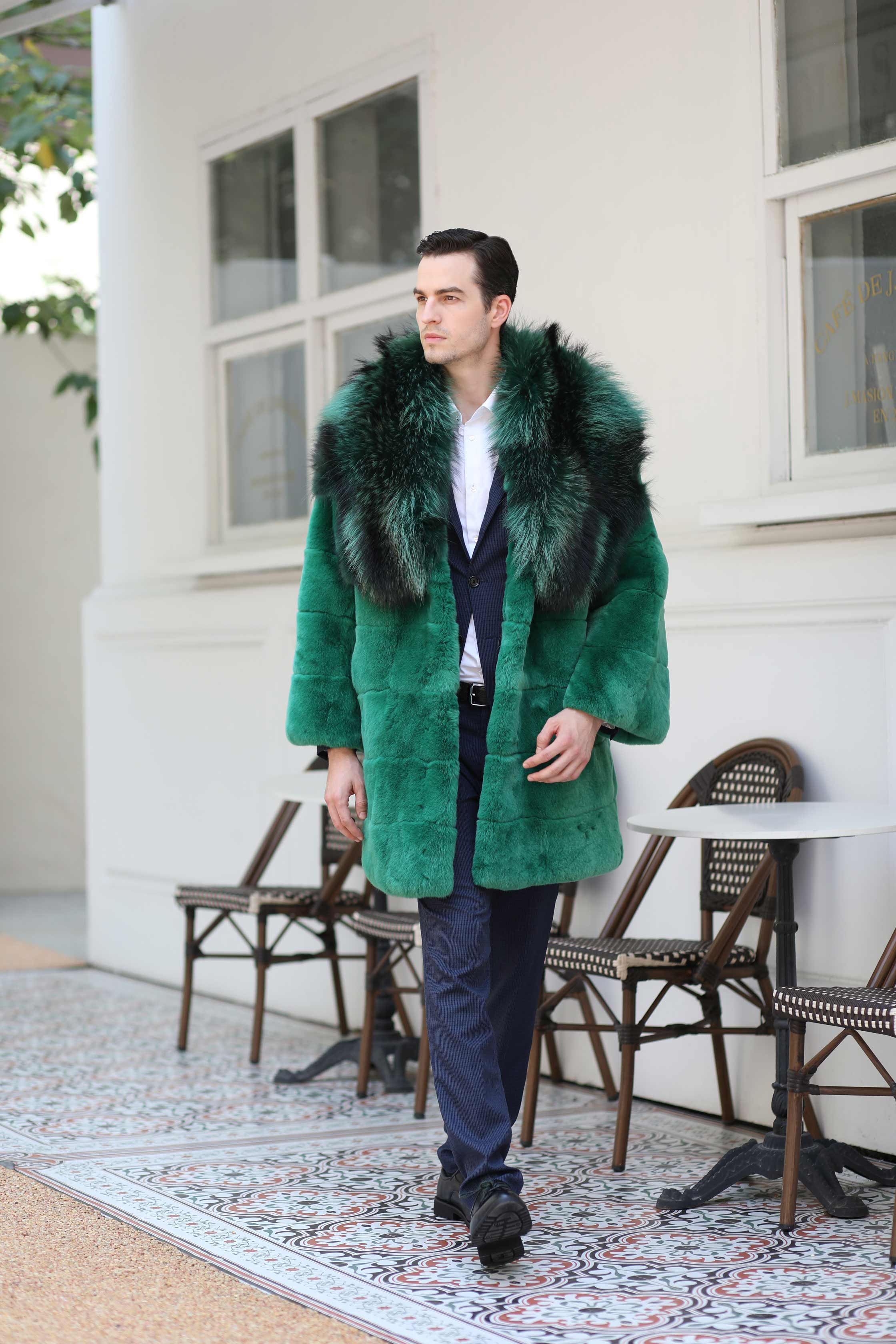 Luxury Winter Men's Long Raccoon Fur Collar Rabbit Fur Coat - Janefur
