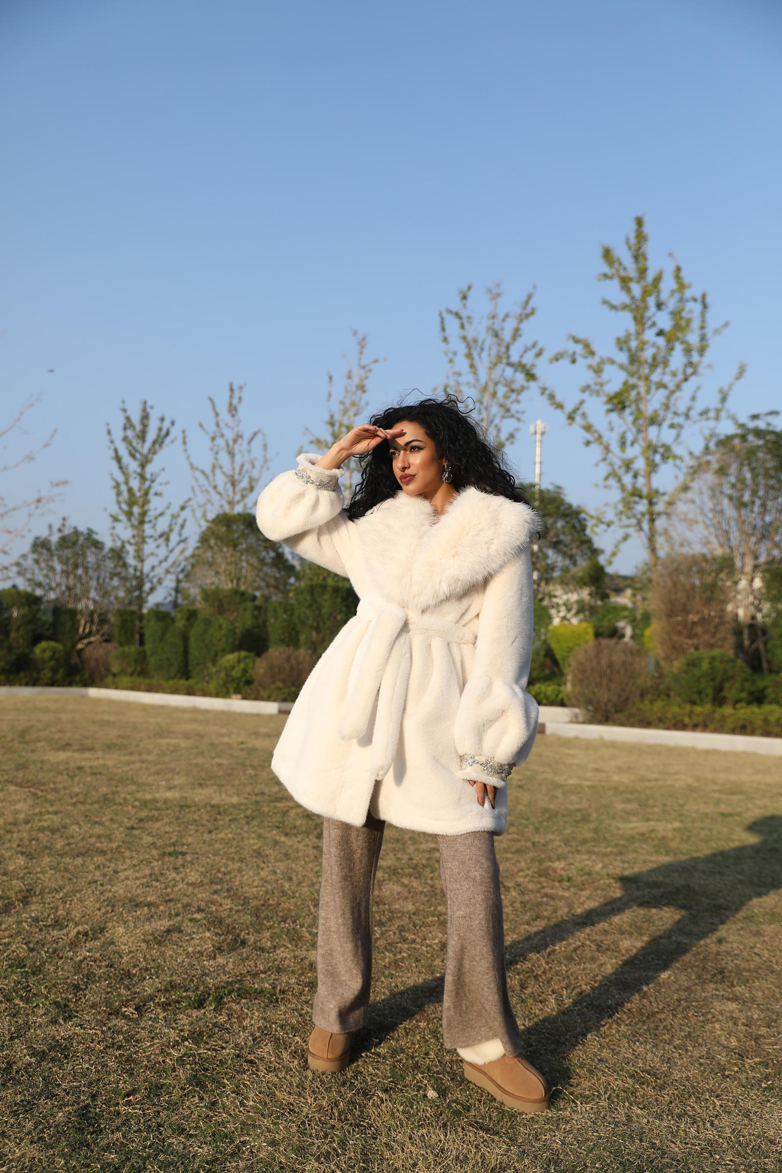 Eco-Friendly Faux Mink Fur Women's Jacket with Shawl Collar and Rhinestone Trim - Janefur