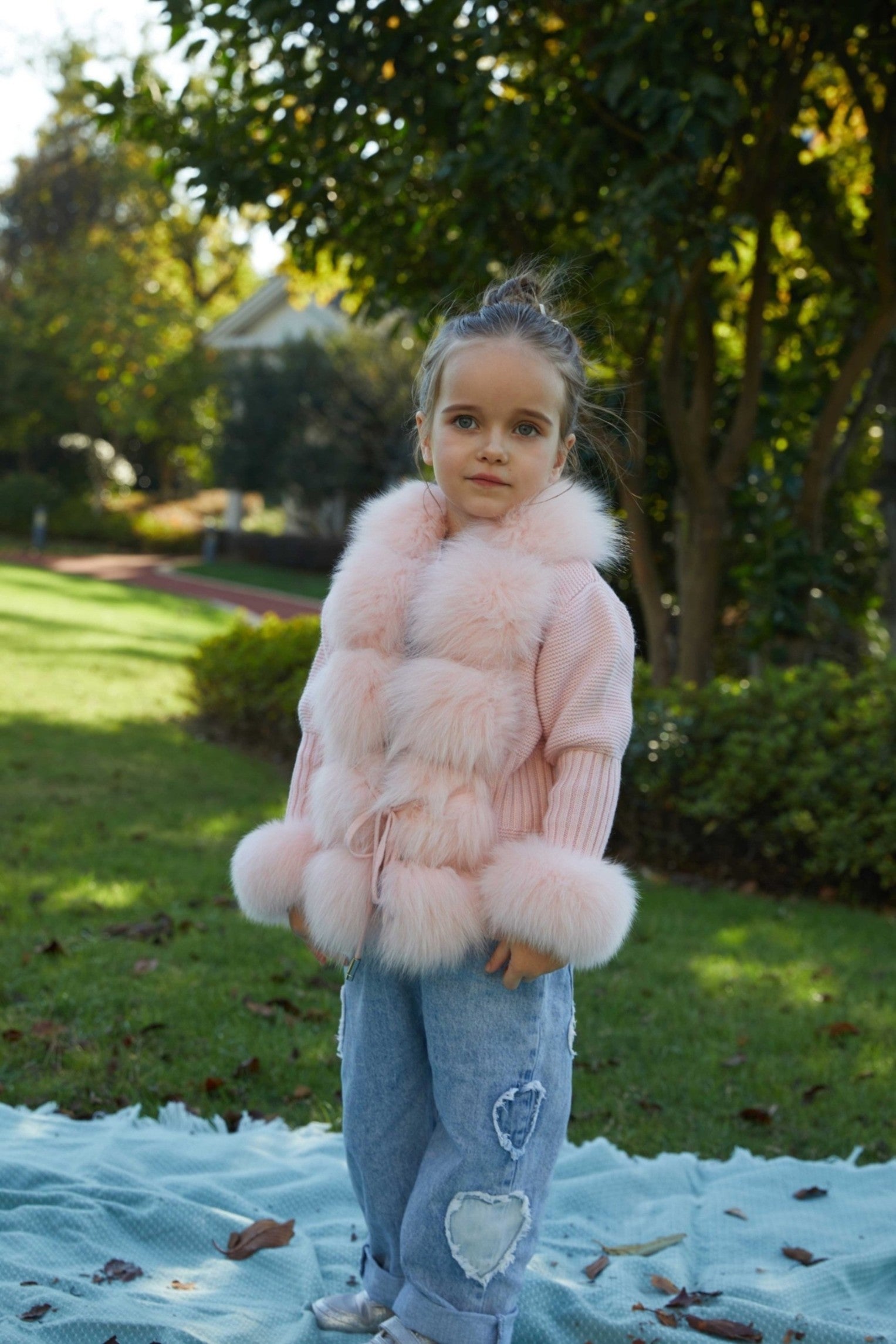 Little Girl's Pink Knitted Children's Coat With Fox Fur Trim - Janefur
