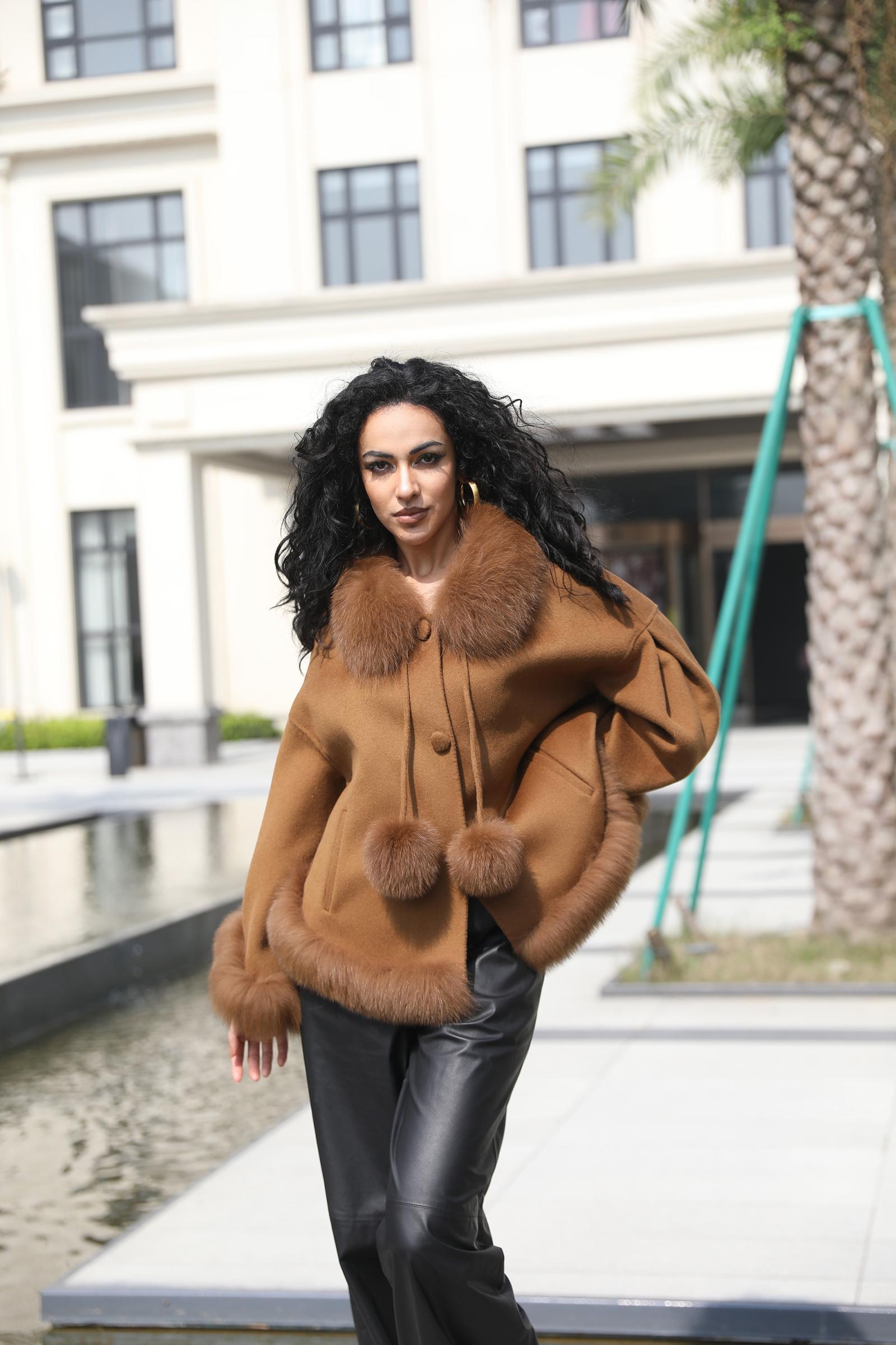 Double-Faced Cashmere Jacket for Women Classic Square Collar Pom-Pom Double-Faced Wool Jacket - Janefur