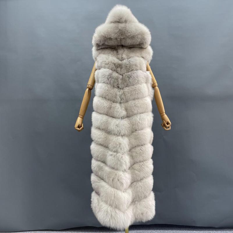 Winter Long Hooded Fox Fur Womens Luxury Vest - Janefur
