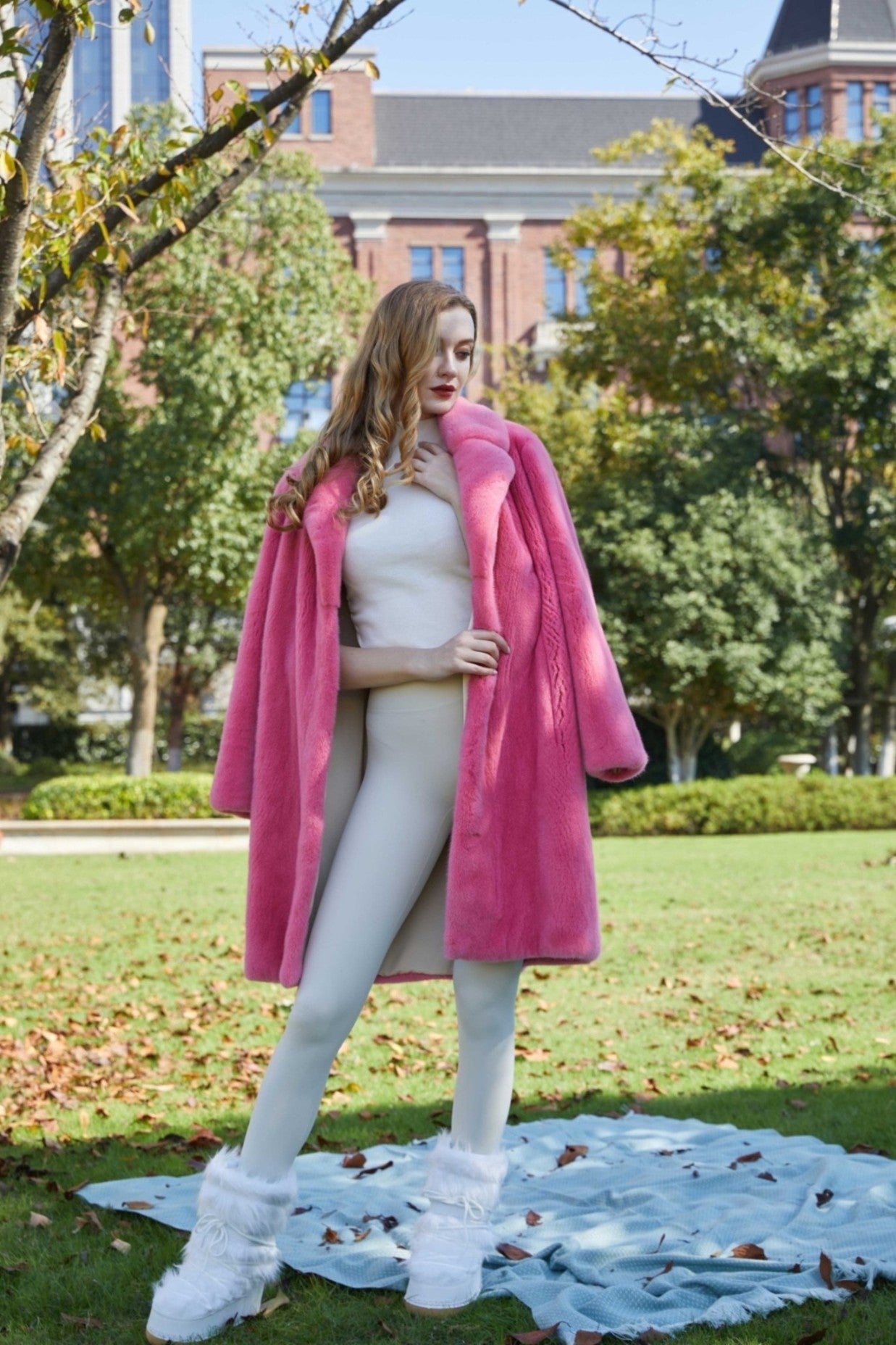 Women's High Quality Suit Collar Mid-Length Mink Pink Coat - Janefur