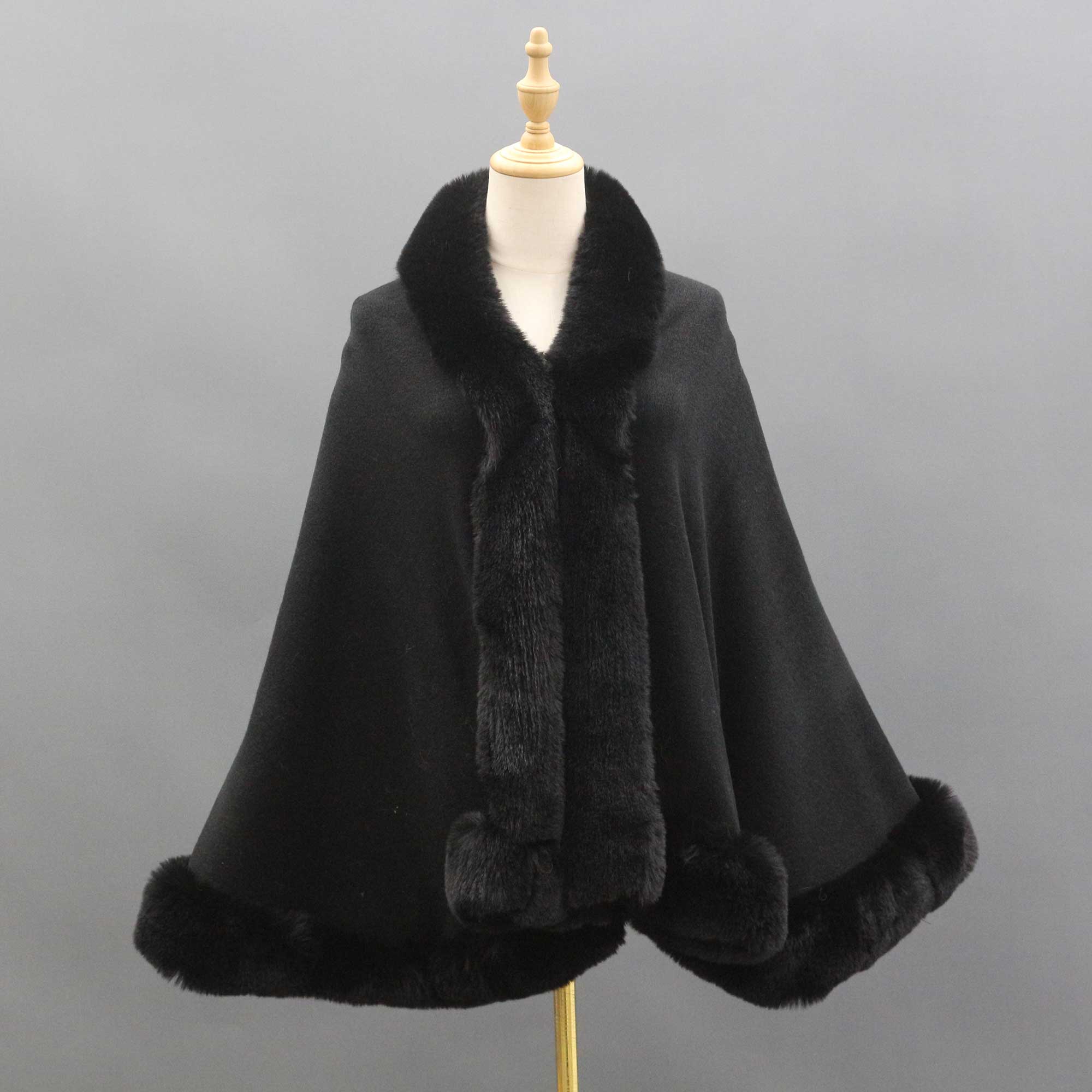 Janefur Wholesale Fashion Women Knitted Cape Shawl with Faux Fur Trim - Janefur