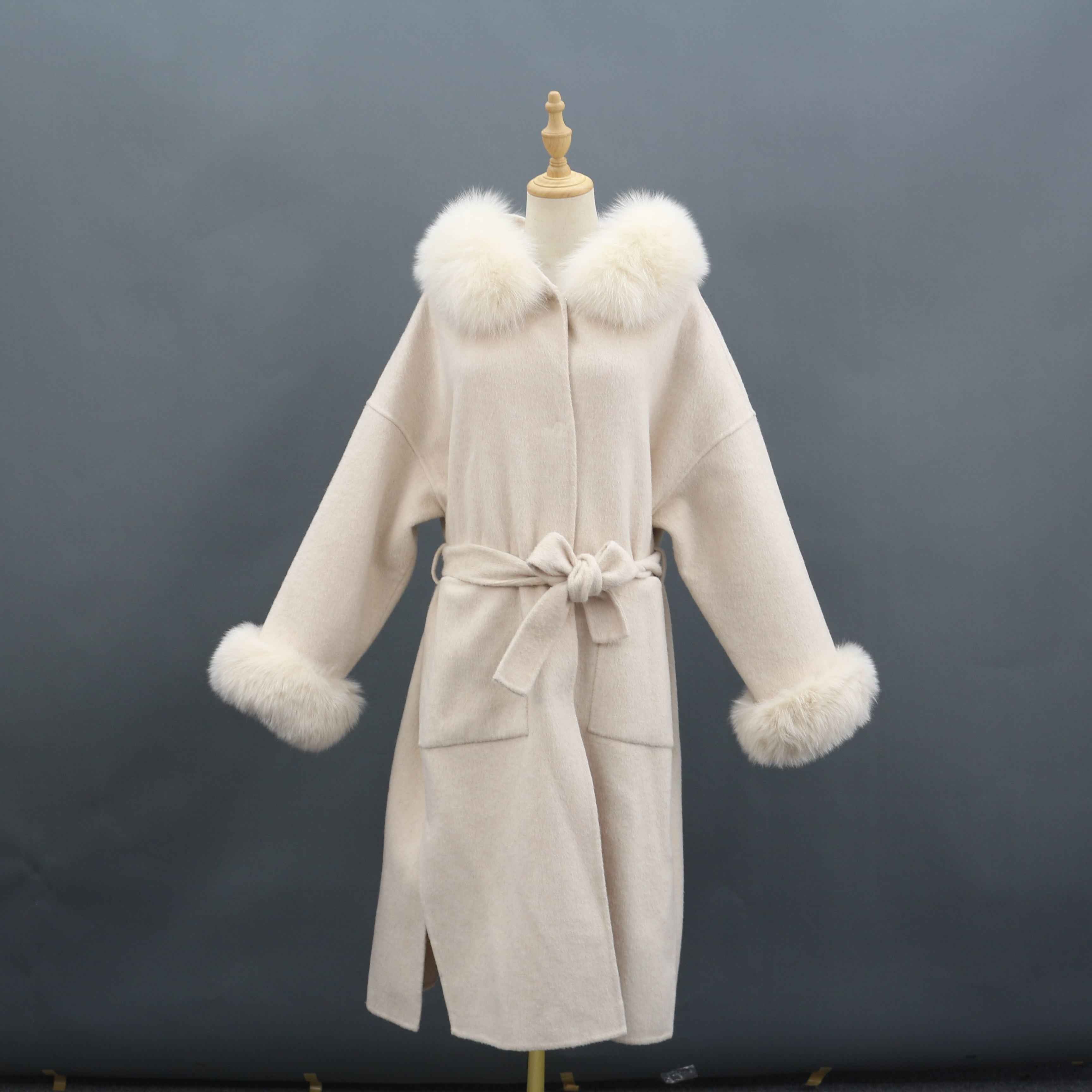 Long Double-Sided Woolen Coat with Large Pockets and Hood - Janefur
