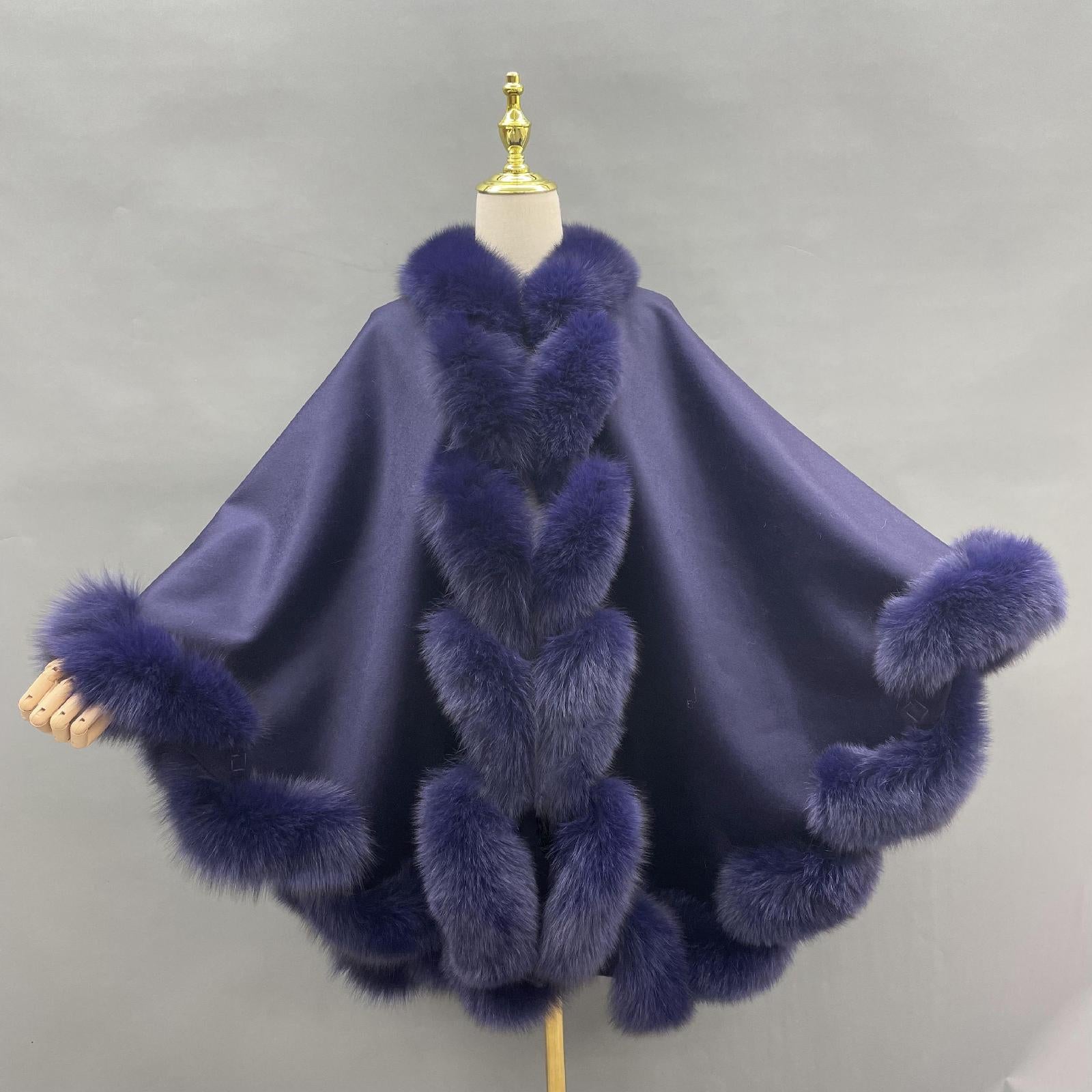 Full Wool Cashmere Cape with Real Fox Fur Fashionable Luxurious Soft Shawl for Women's Coat - Janefur
