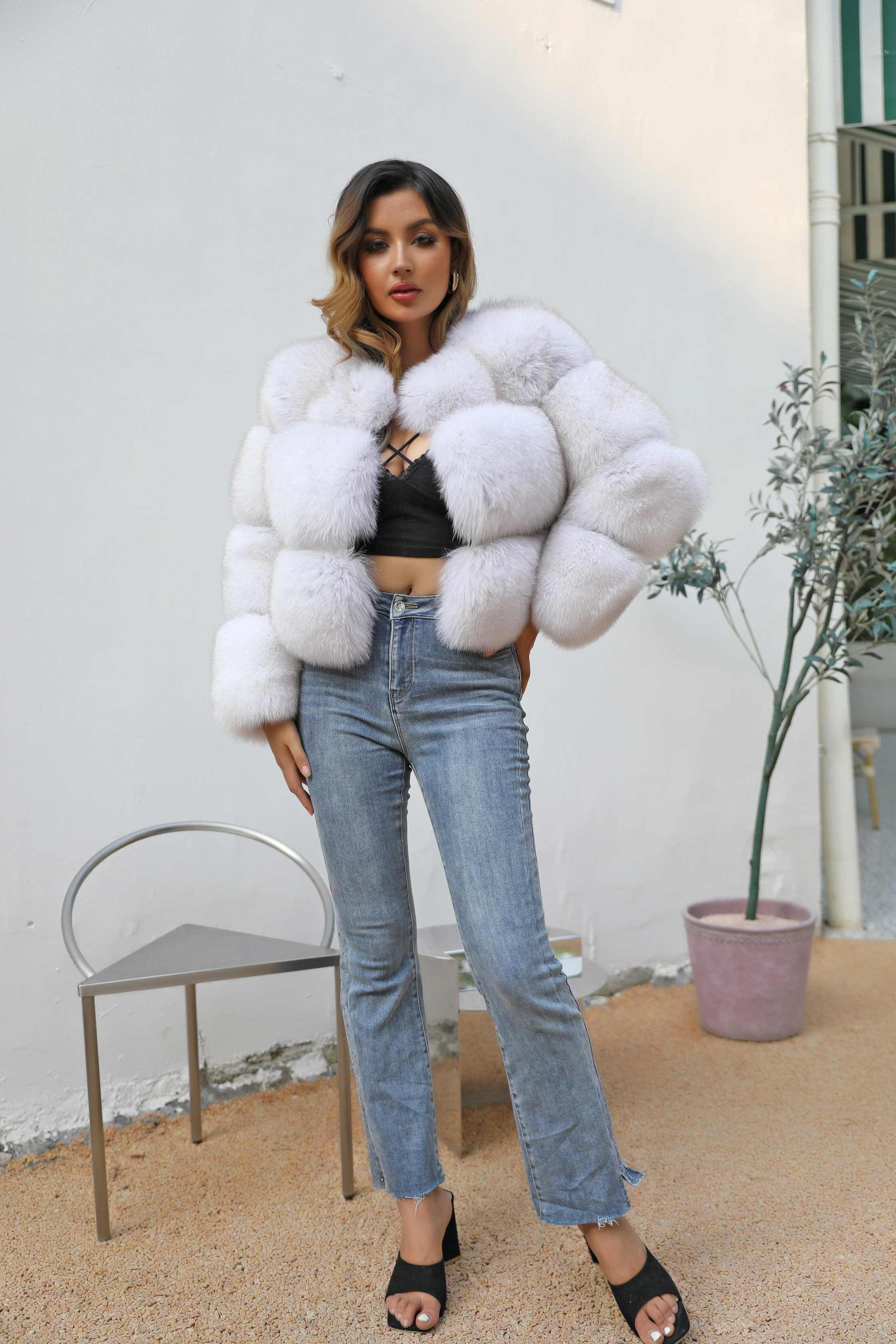 Women's Warm Round Neck Real Fur Blue Fox Short Coat In Winter - Janefur