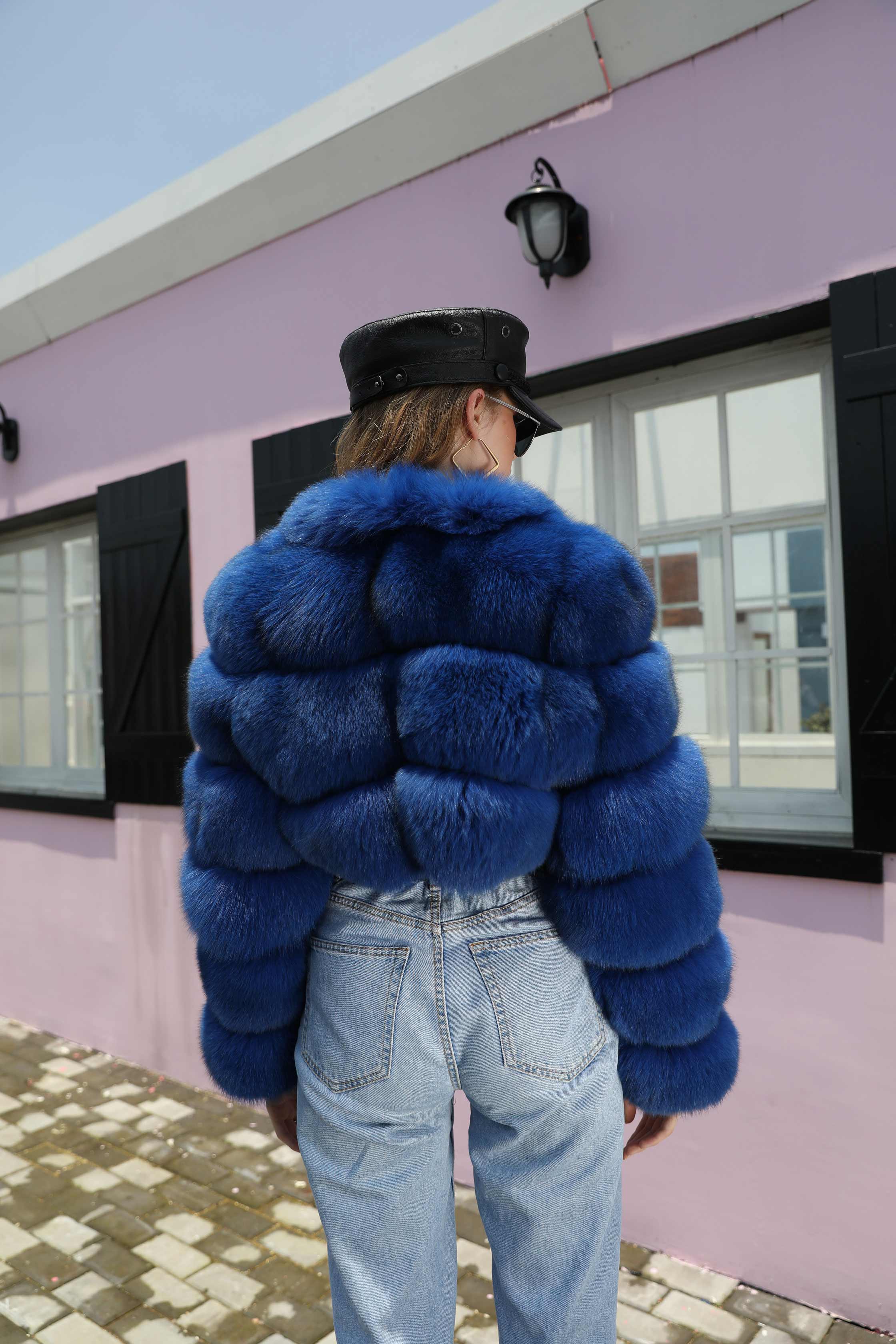 Winter Thick Warm Real Fox Fur Jacket Fashion Short Blue Fur Coat Women - Janefur