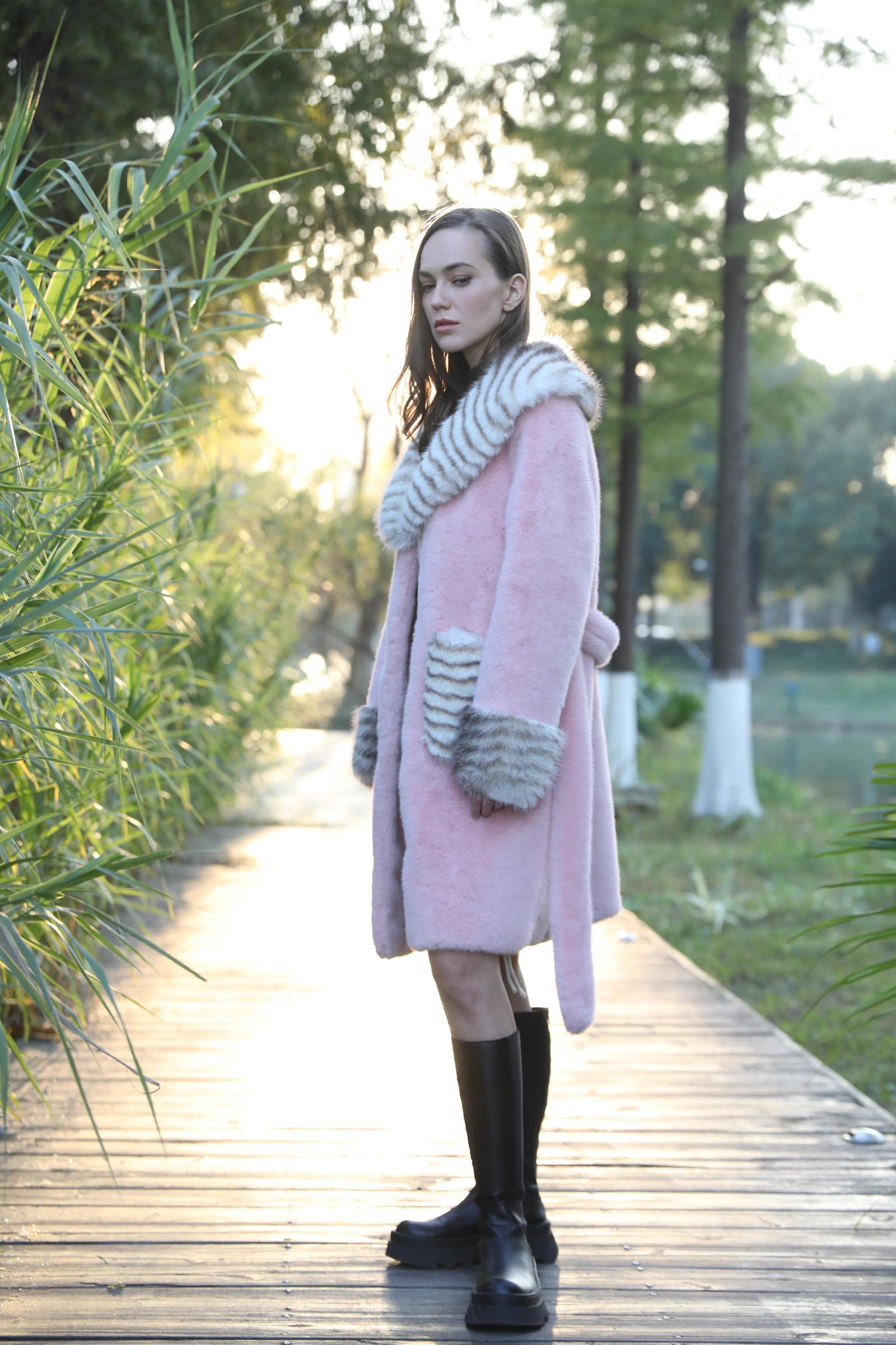Women's Winter Large Lapel Striped Faux Mink Coat Eco-Fur Pink Coat - Janefur
