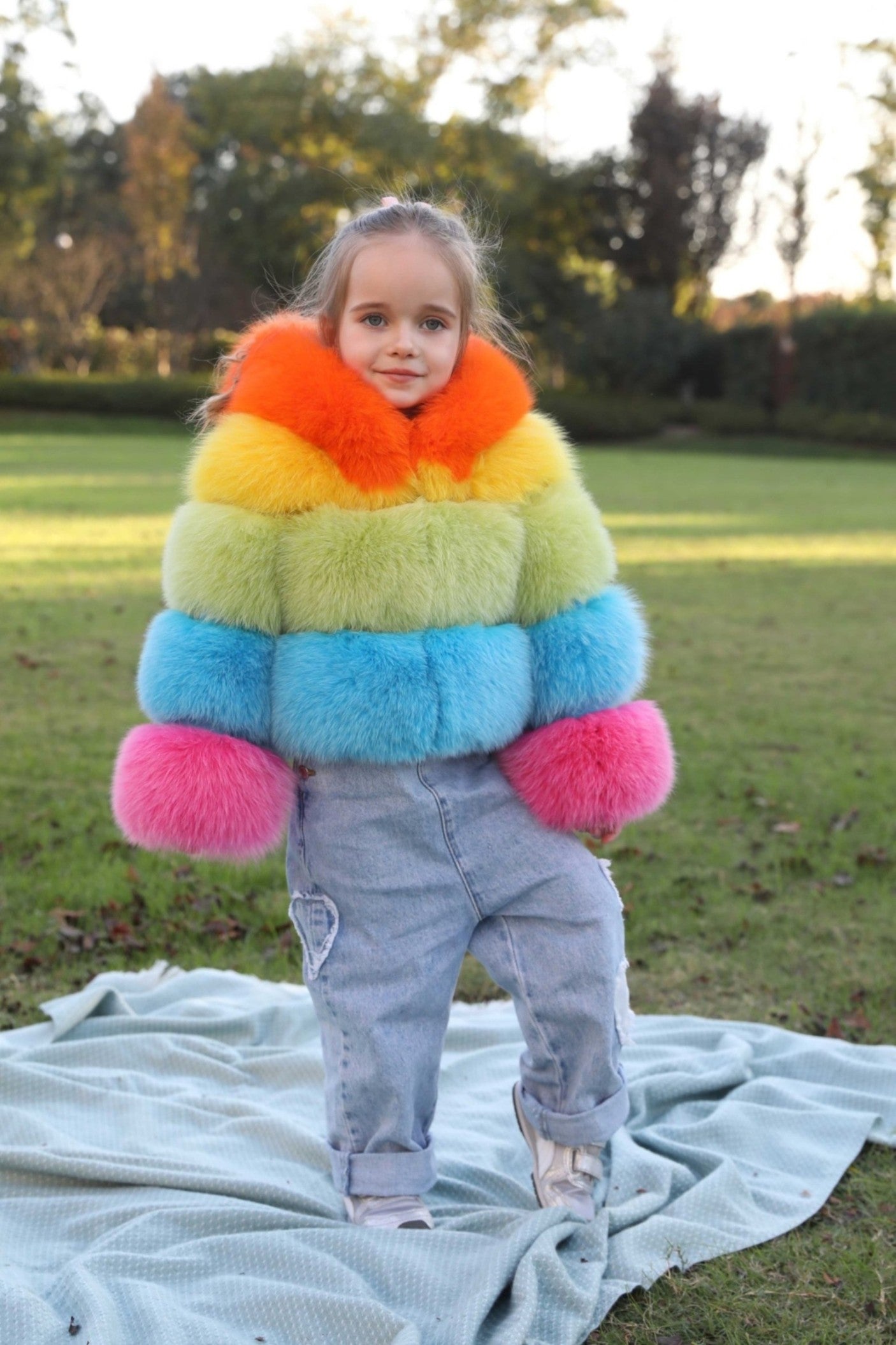 New Children's Winter Three Sections Splicing Fox Fur Hooded Coat Colorful Coat - Janefur