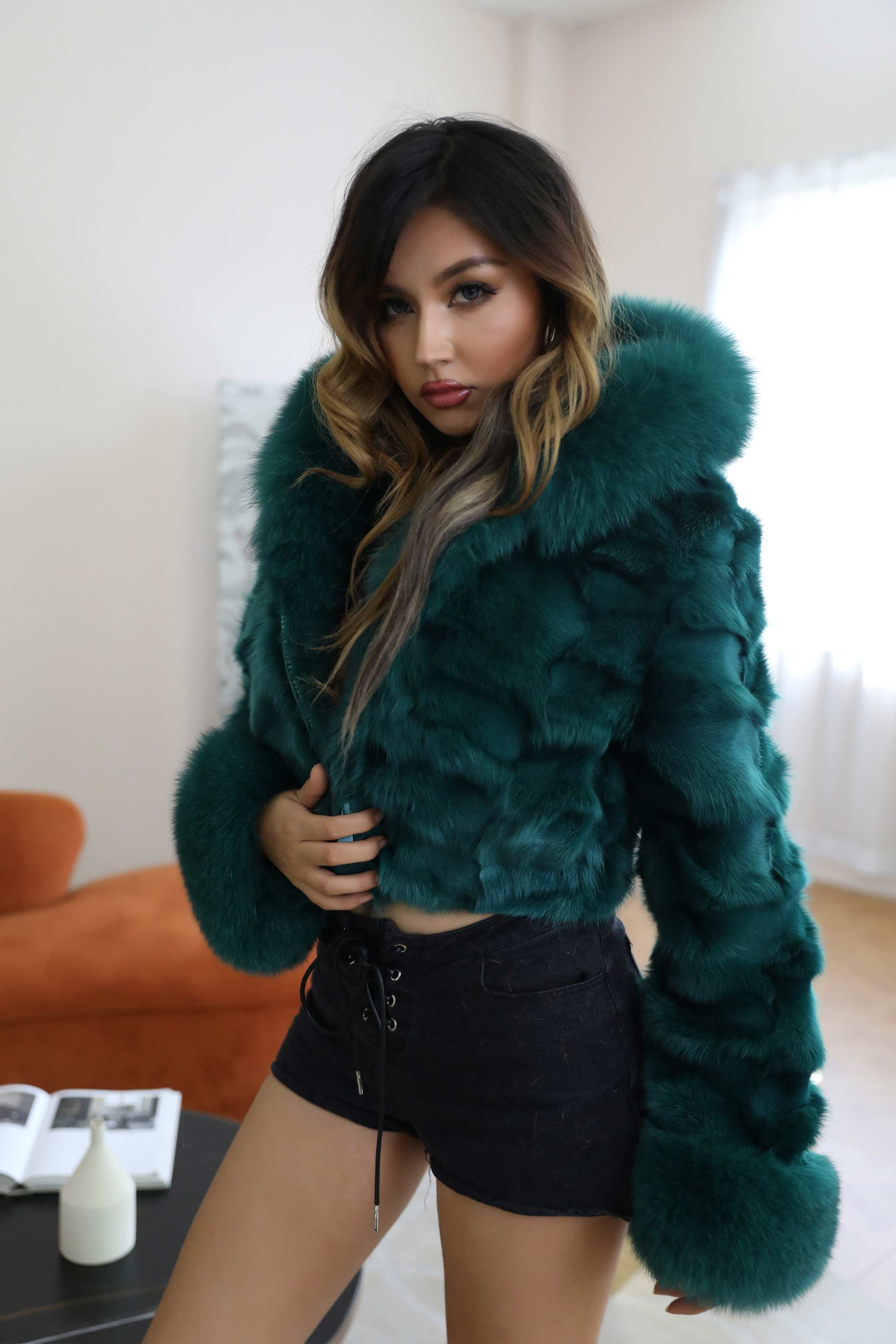 Luxury Women's Winter Short Fox Fur With Hooded Zipper Style Coat - Janefur