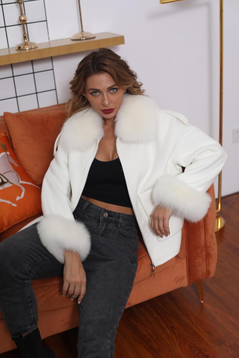 Big Pocket Lapel Fox Fur Cashmere Zipped Jacket - Janefur