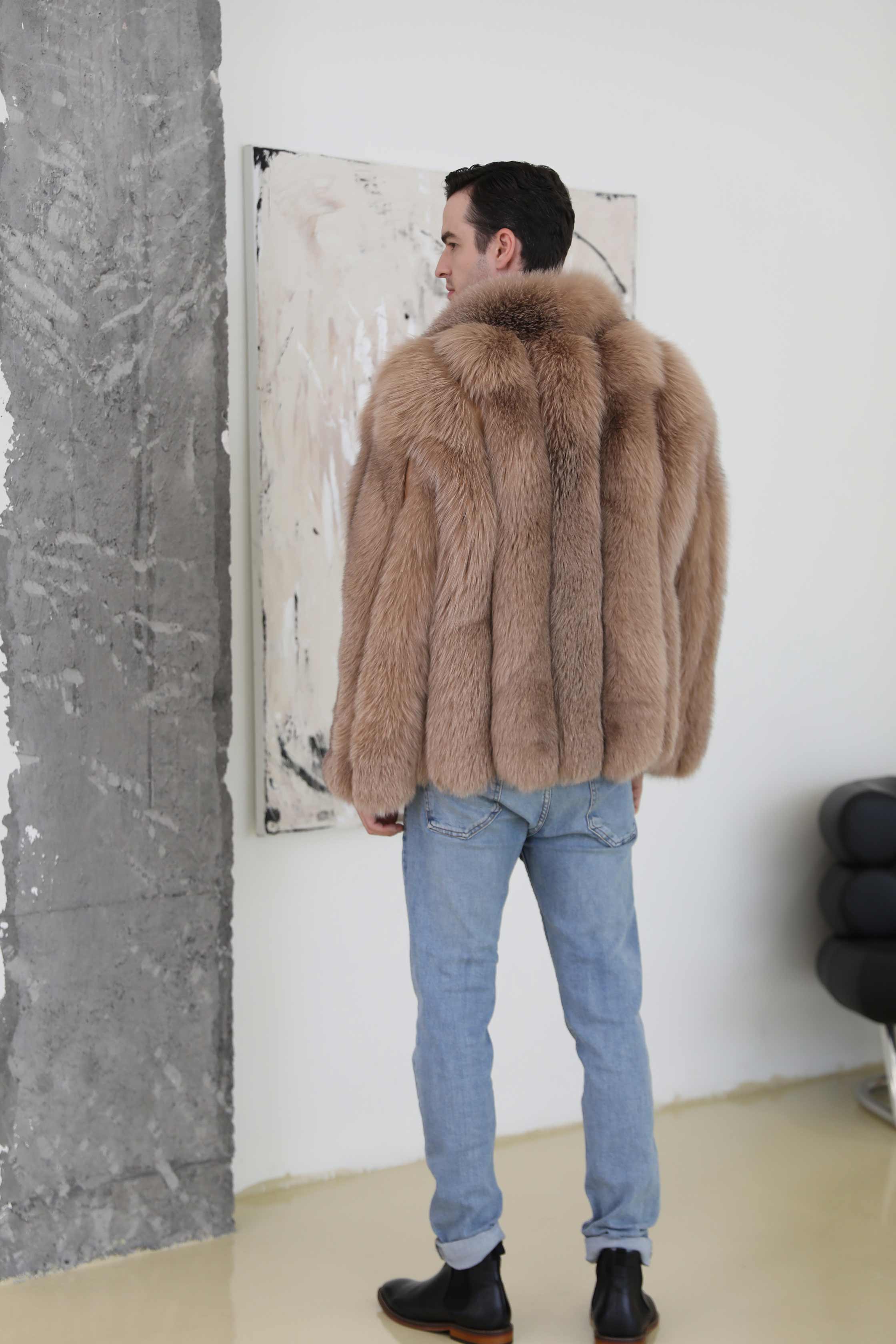 Men's Warm Fox Fur Coat Vertical Stripe High-quality Coat - Janefur