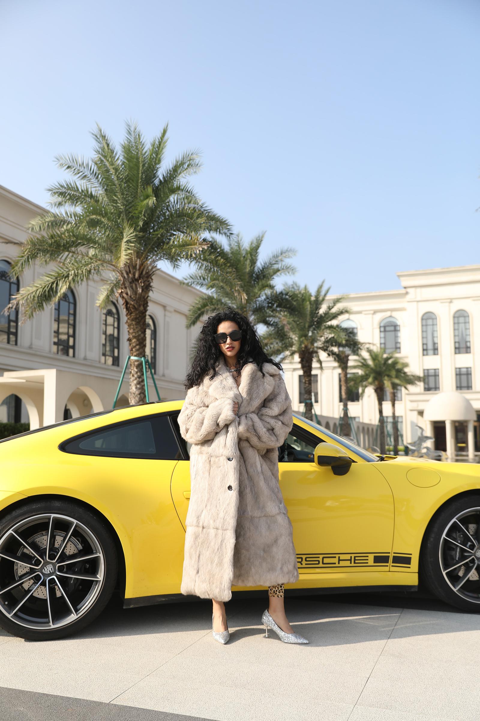 Women's Luxurious Long Rabbit Fur Coat with a Lapel - Janefur