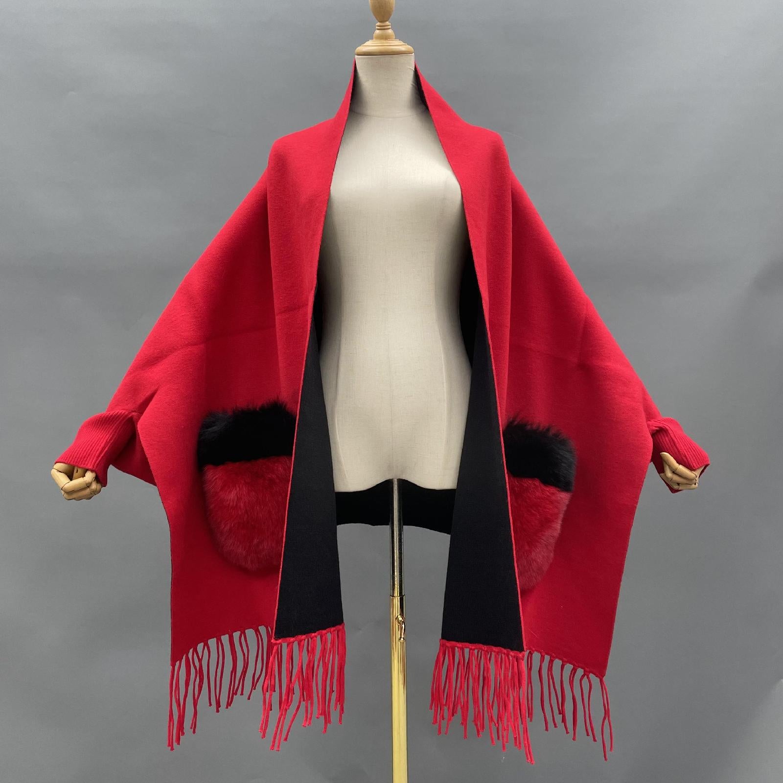 Women's Shawl Cape with Pockets Fur Contrast Ribbed Cuffs Fashionable Soft Sleeved New Cape - Janefur