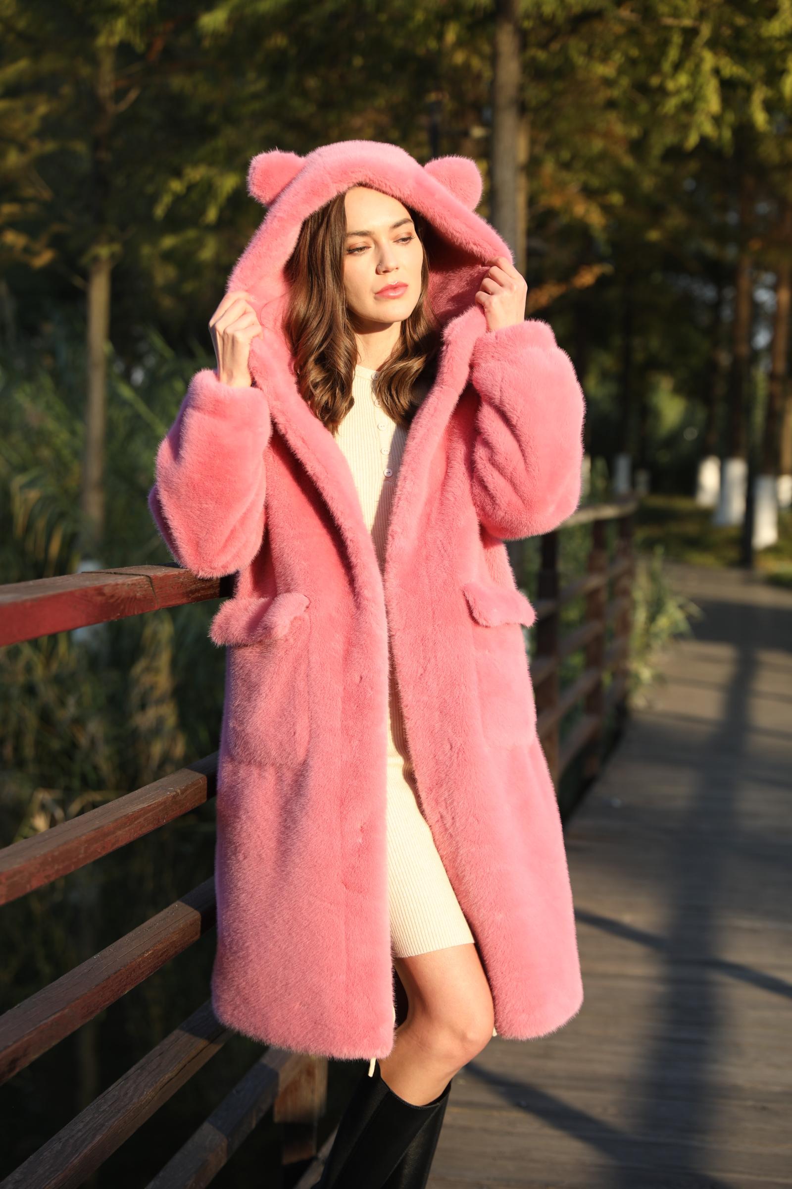 Women's Bear Ears Long Faux Mink Cute Warm Coat - Janefur