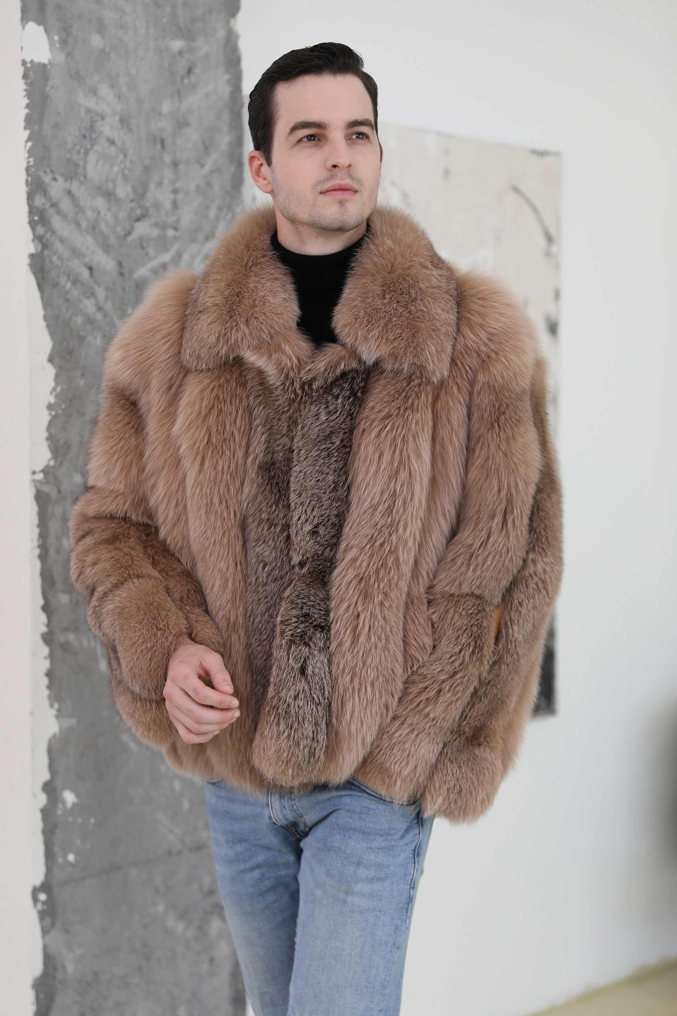 Men's Warm Fox Fur Coat Vertical Stripe High-quality Coat - Janefur