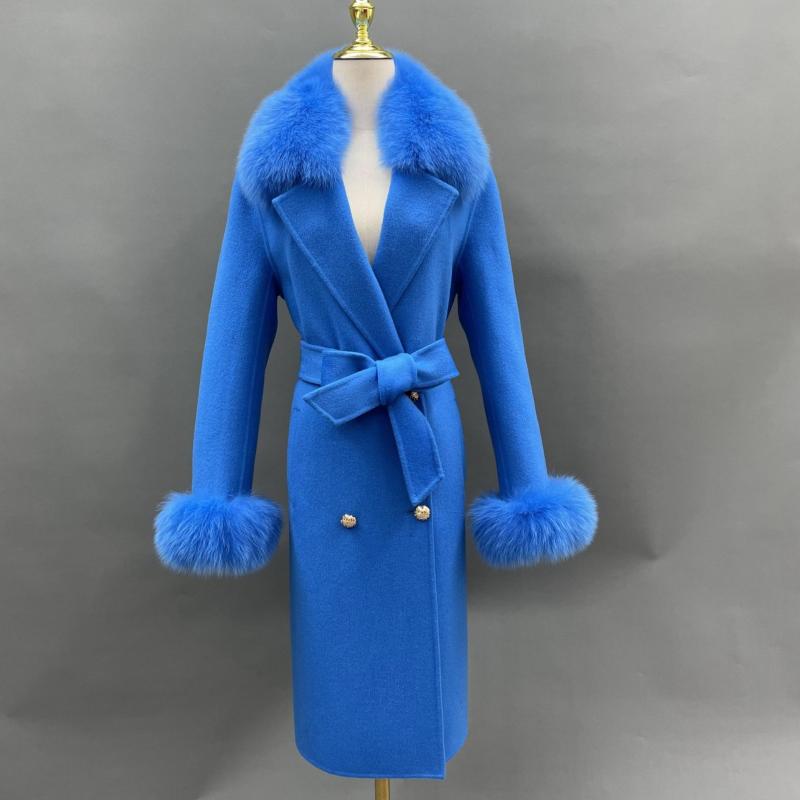 Women's Long Cashmere Coat With Fox Fur Collar And Belt - Janefur