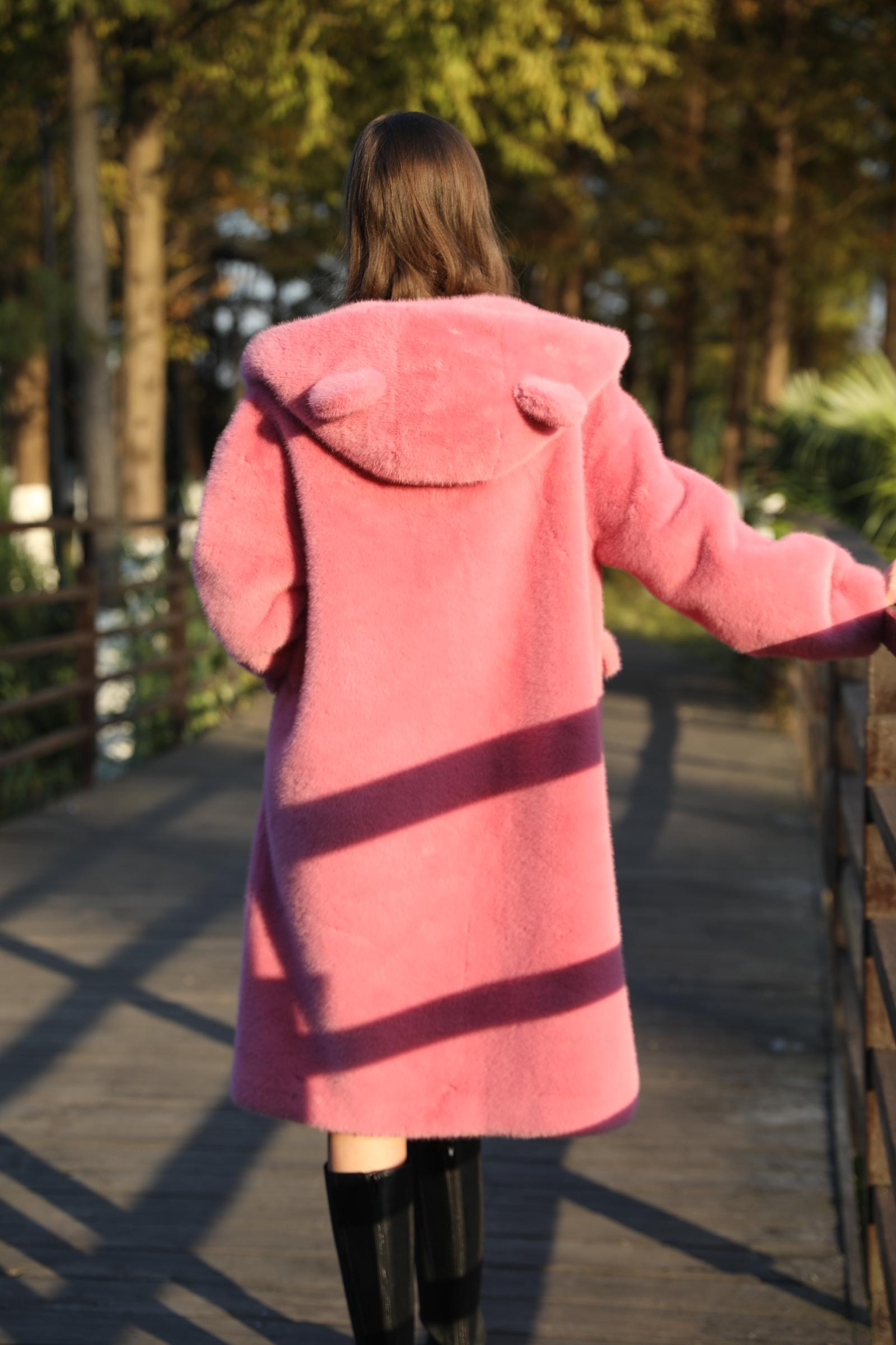 Women's Bear Ears Long Faux Mink Cute Warm Coat - Janefur