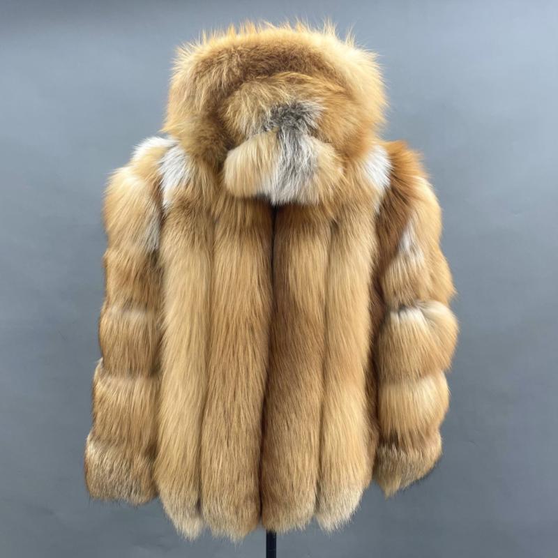Men's Red Fox Fur Coat with Vertical Stripes and a Hood - Janefur