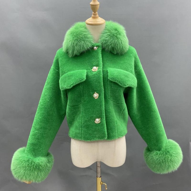 Pearl Button Lapel Shearling Short Jacket - Janefur