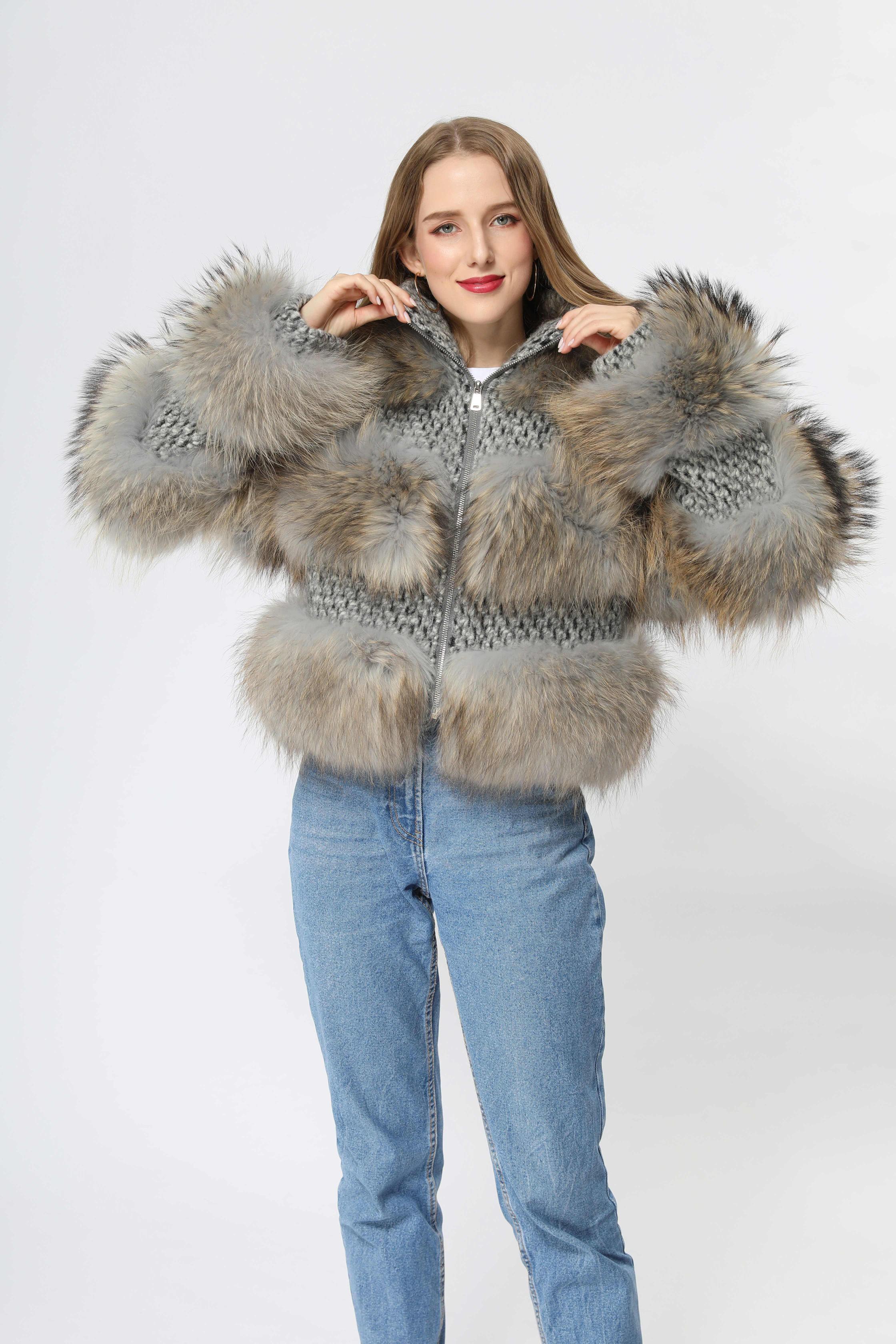 Fashion Women's Short Chanel Style Raccoon Fur Layered Coat - Janefur