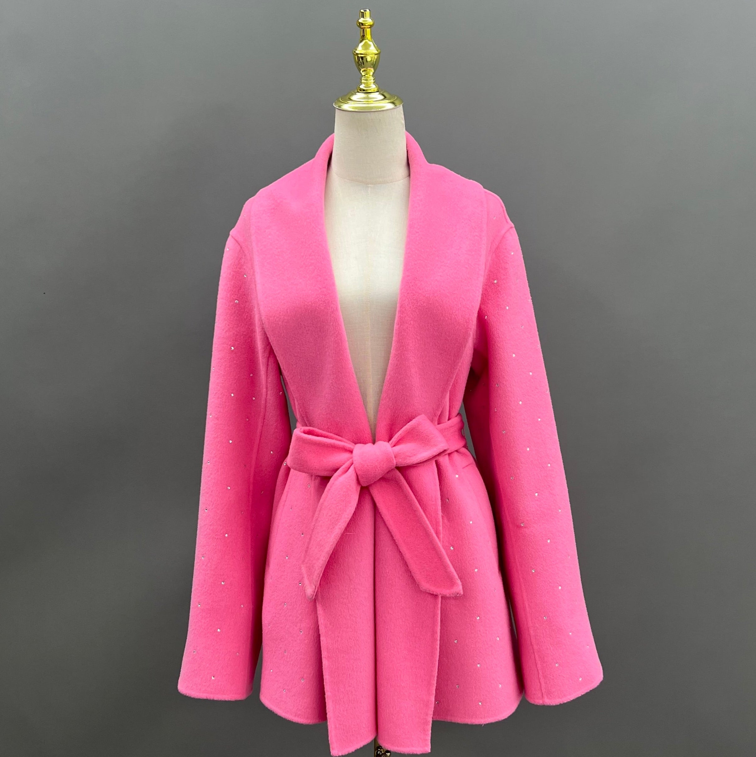 Sparkly Double-Faced Wool Coat for Women – Belted Glitter Shimmer Wrap Jacket in Hot Pink - Janefur