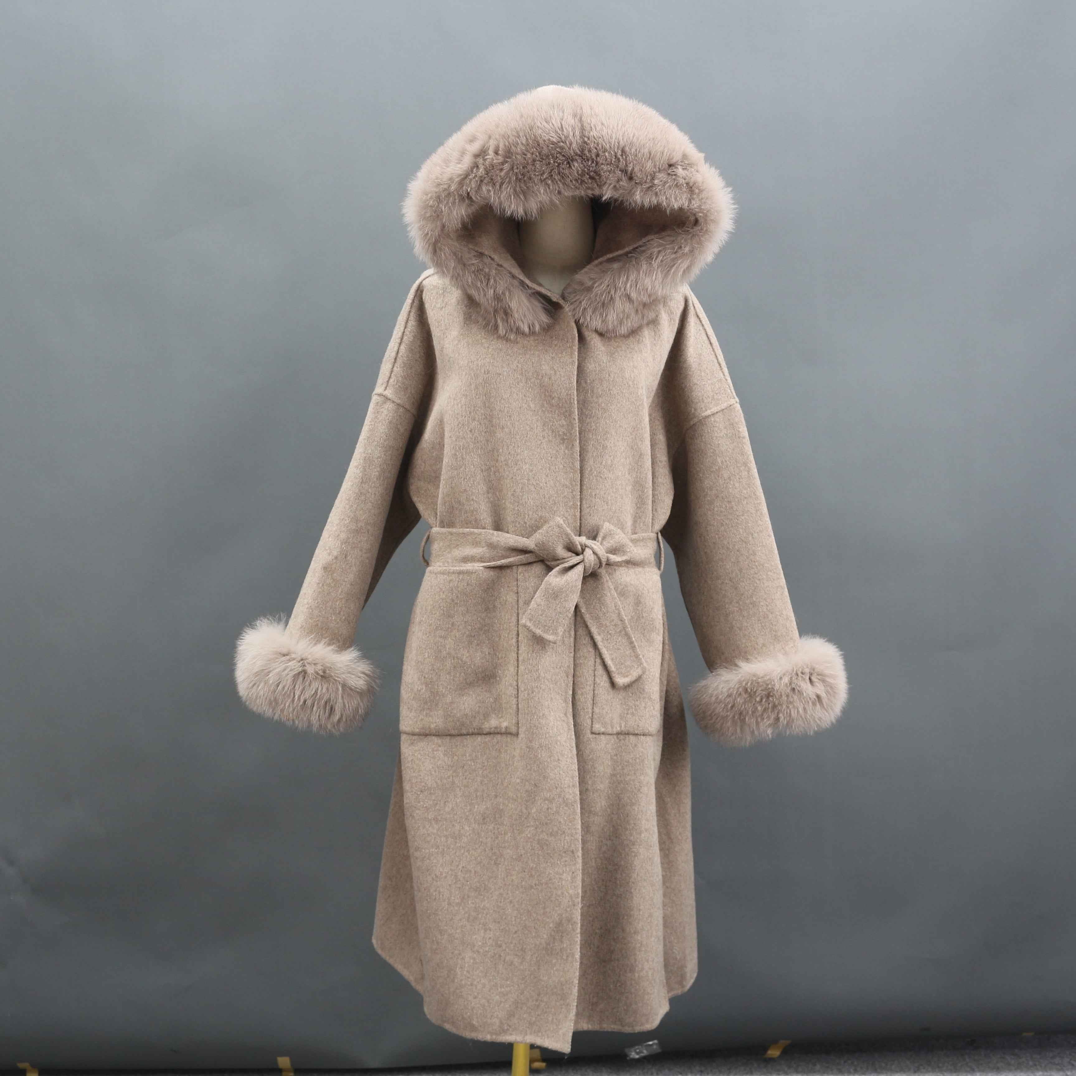 Long Double-Sided Woolen Coat with Large Pockets and Hood - Janefur