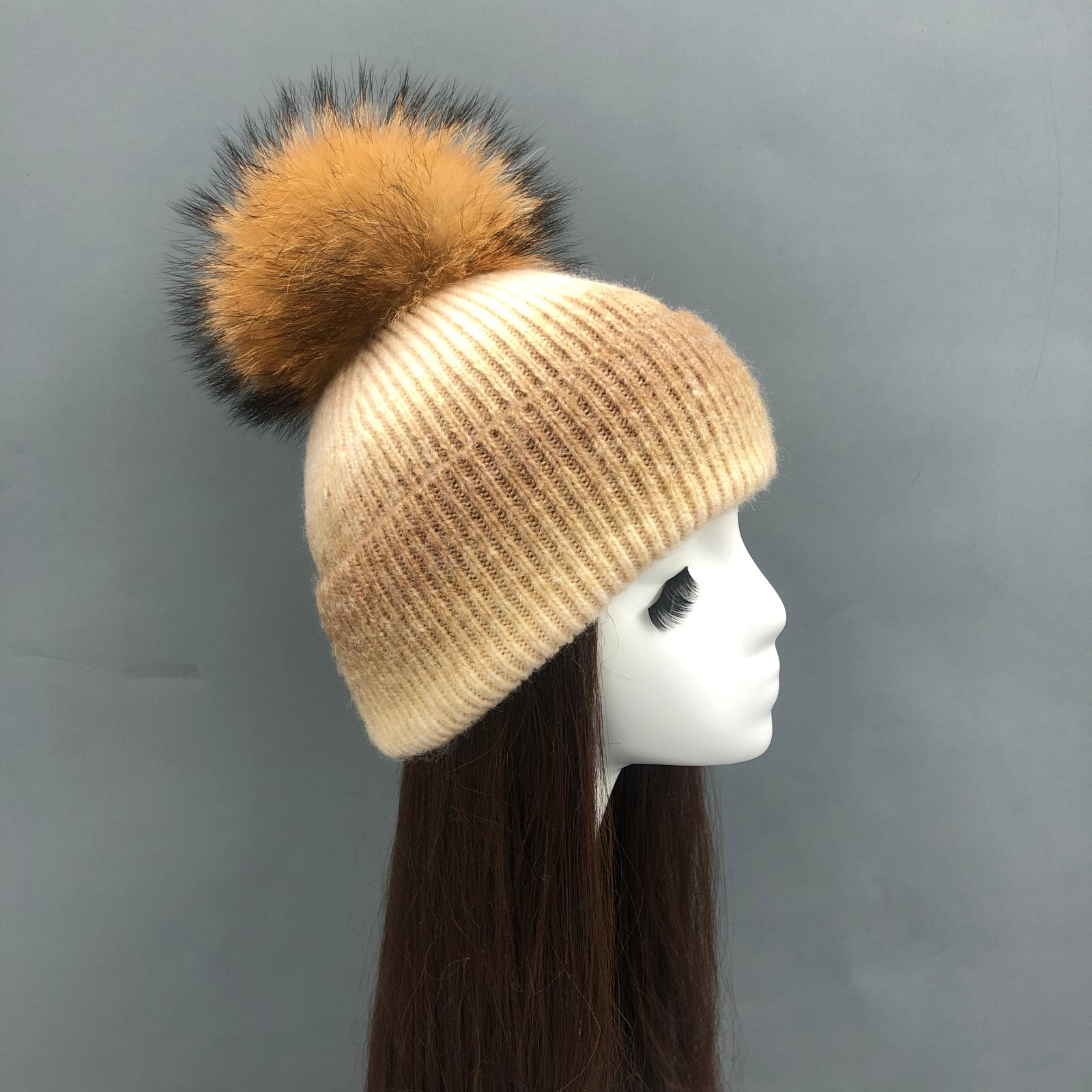 Gradient Wool Hat with Fur Pom Pom Women Hat - Janefur