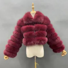 Women's Short Zip Fox Leather Jacket Square Neck Fluffy Fashion Coat - Janefur