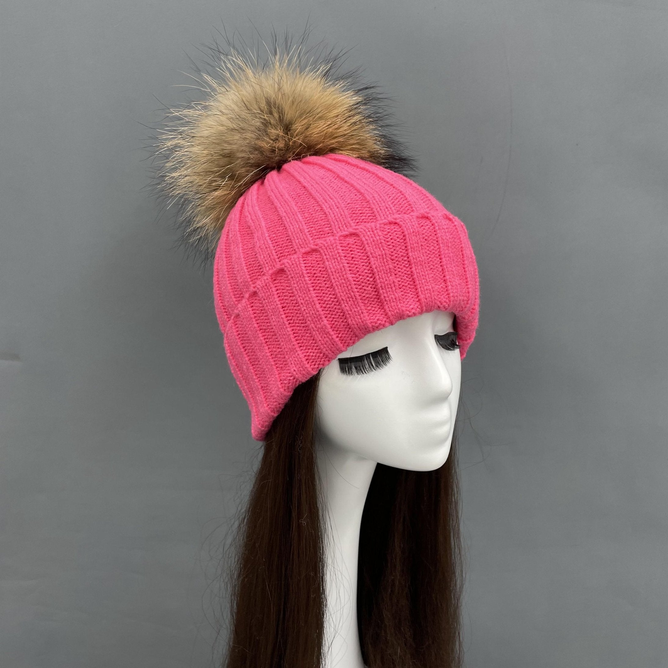 New Fall And Winter Striped With Fur Pom Pom Acrylic Hat - Janefur