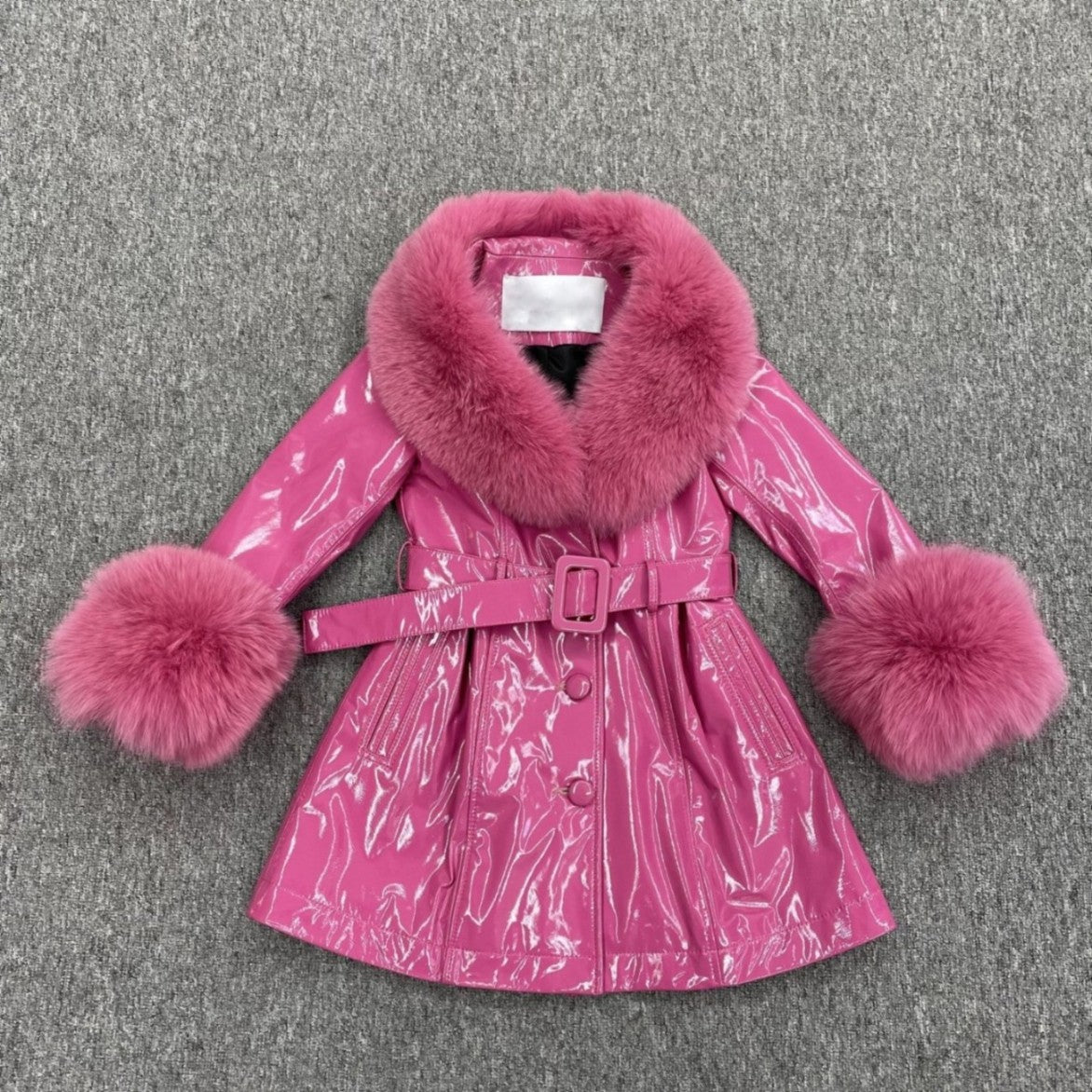 Children's Large Flip Collar Collar Terry Long Shiny Leather Jacket - Janefur