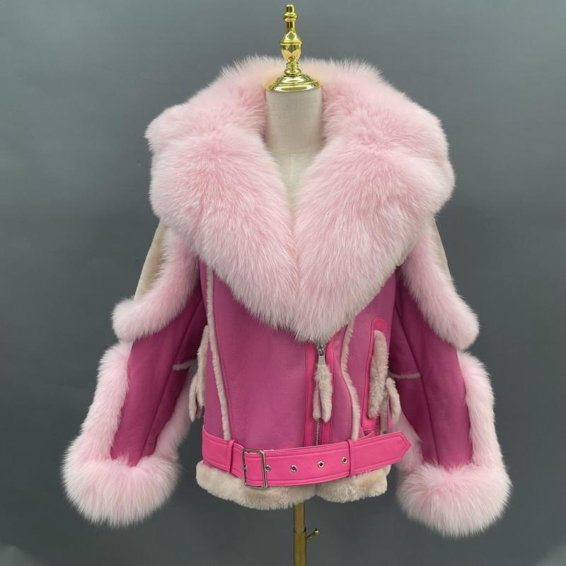 Custom Design Fox Fur Trim Coat Big Fox fur Collar Hooded Women Sheepskin Shearling Jacket - Janefur
