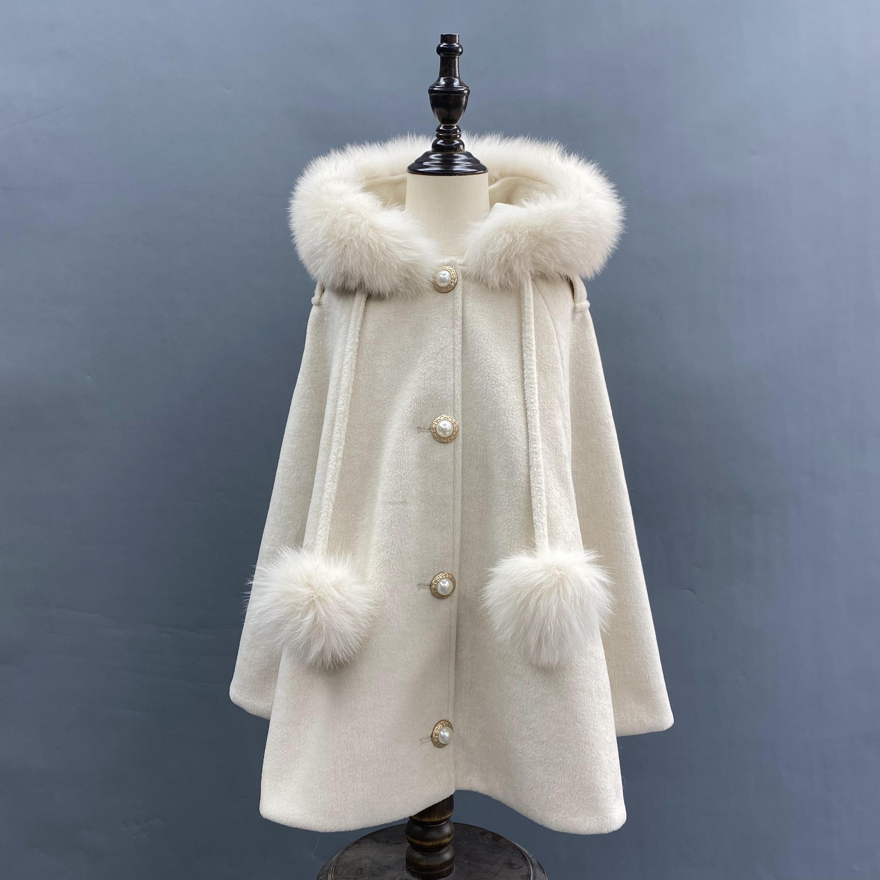 New Children's Double Fur Ball Hooded Poncho Shawl - Janefur
