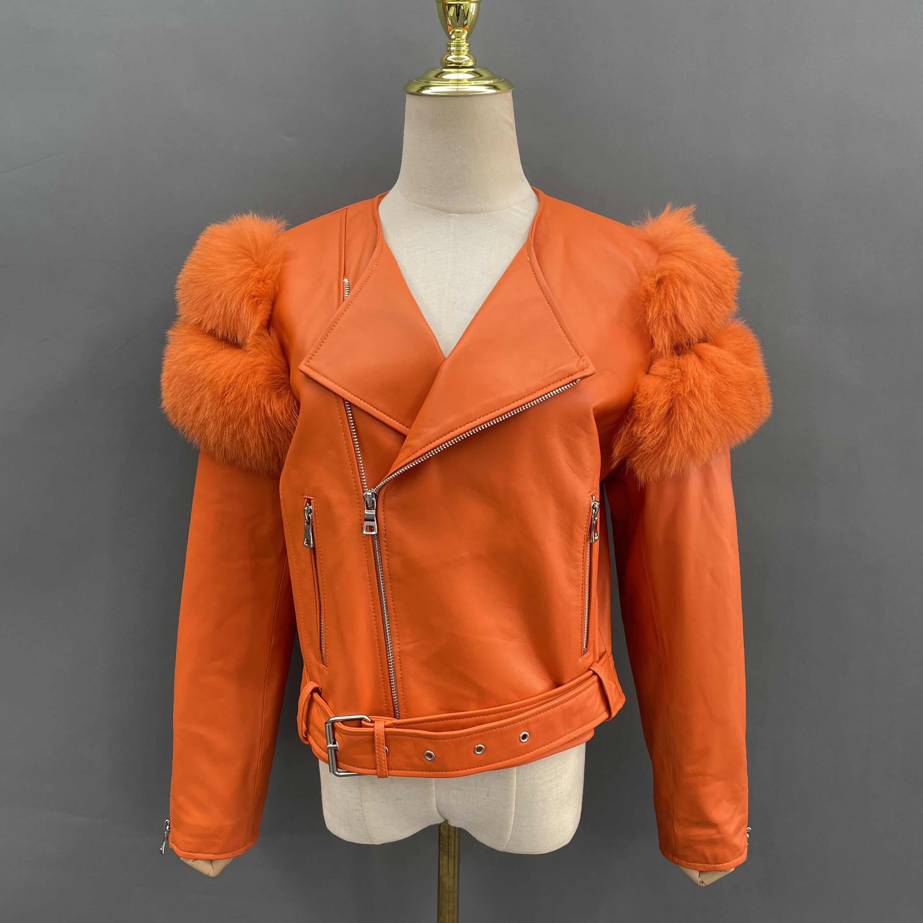 Fox Fur on Shoulders Leather Jacket - Janefur