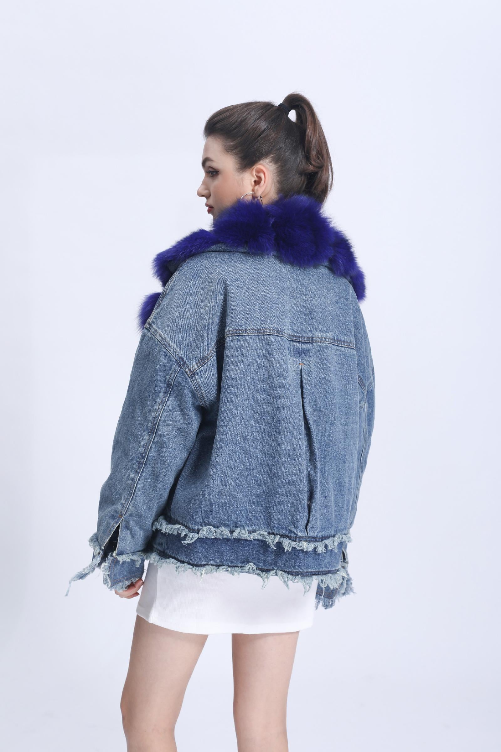 Women's Denim Jacket Leather Large Fox Fur Collar Winter Luxury Coat Fluffy Jacket Denim Blue Down Outerwear - Janefur