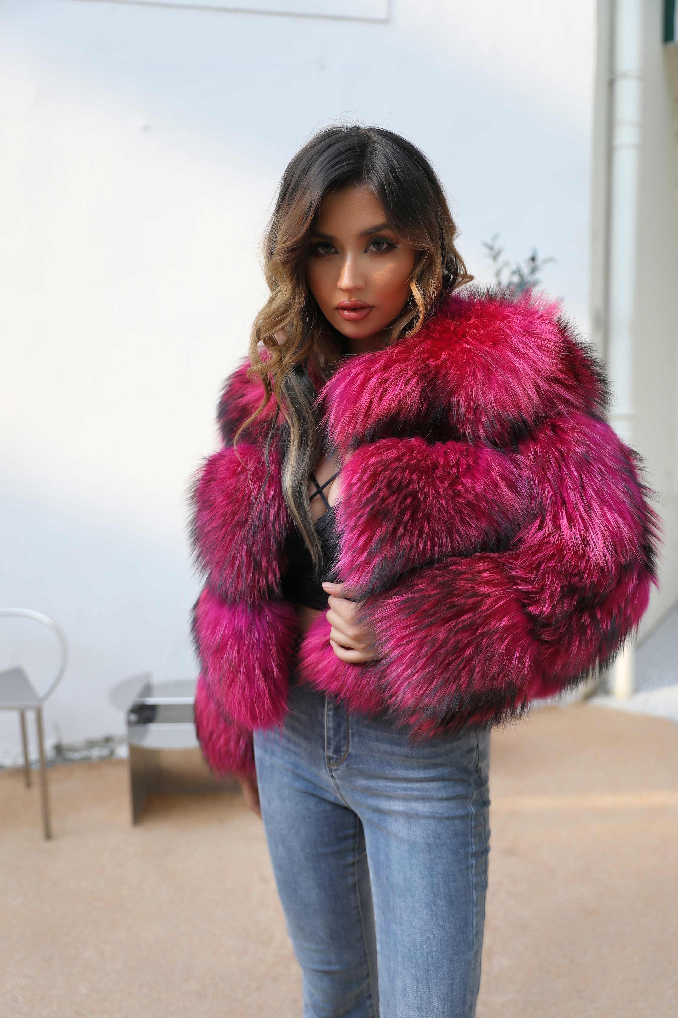 Luxury Women's Fur Coat Real Raccoon Fur Short Fashion Coat - Janefur