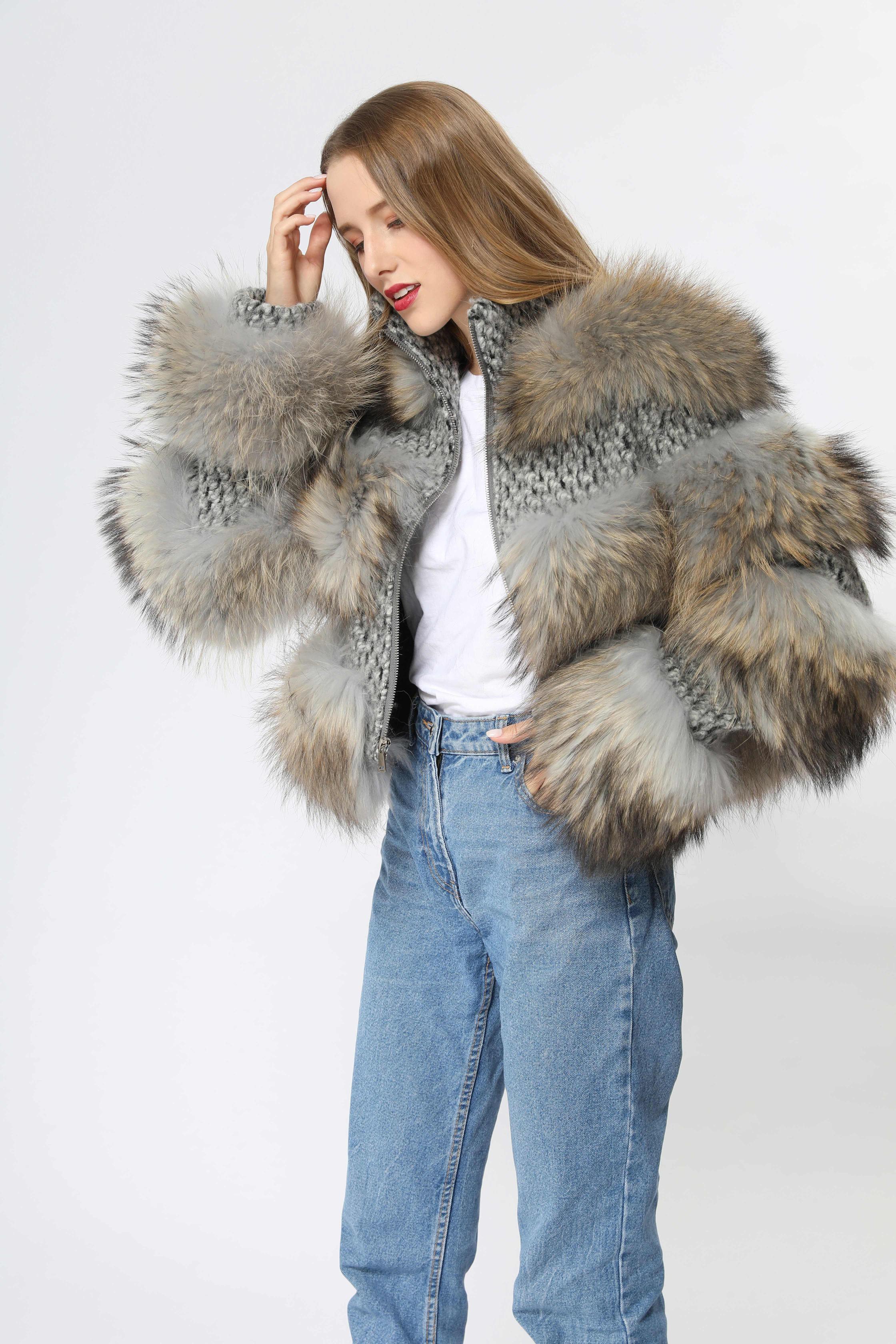 Fashion Women's Short Chanel Style Raccoon Fur Layered Coat - Janefur