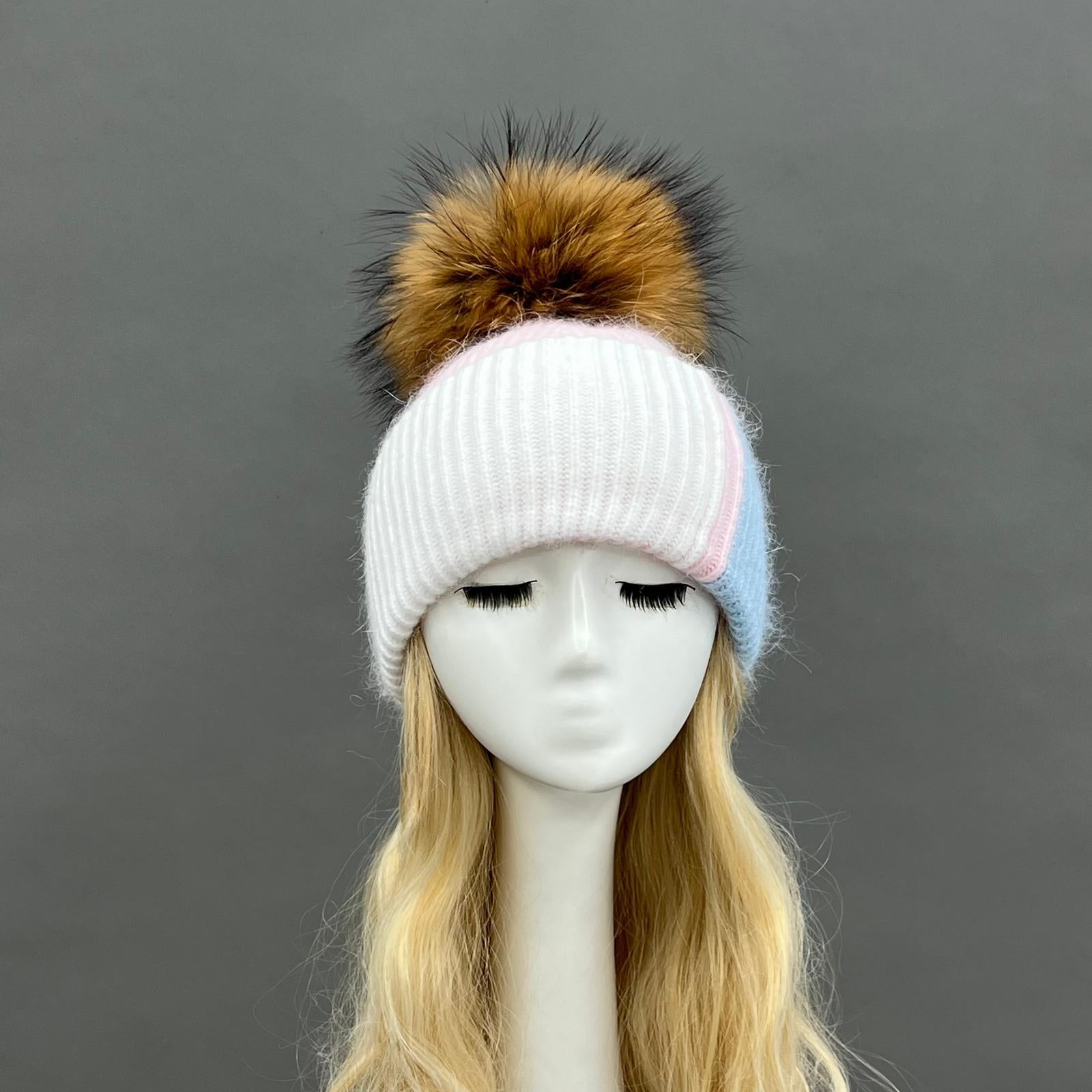 Women's Color-Blocked Trendy Rabbit Fur Hat with Pom Poms for Warmth - Janefur