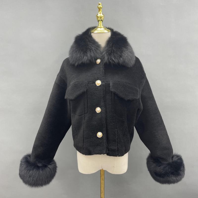 Pearl Button Lapel Shearling Short Jacket - Janefur