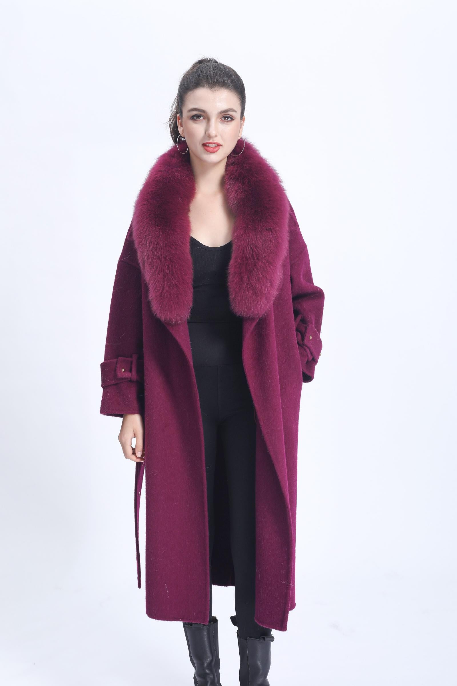 Women's Double-faced Wool Coat with Large Fur Lapel and Rivet Buttons Cashmere Jacket - Janefur