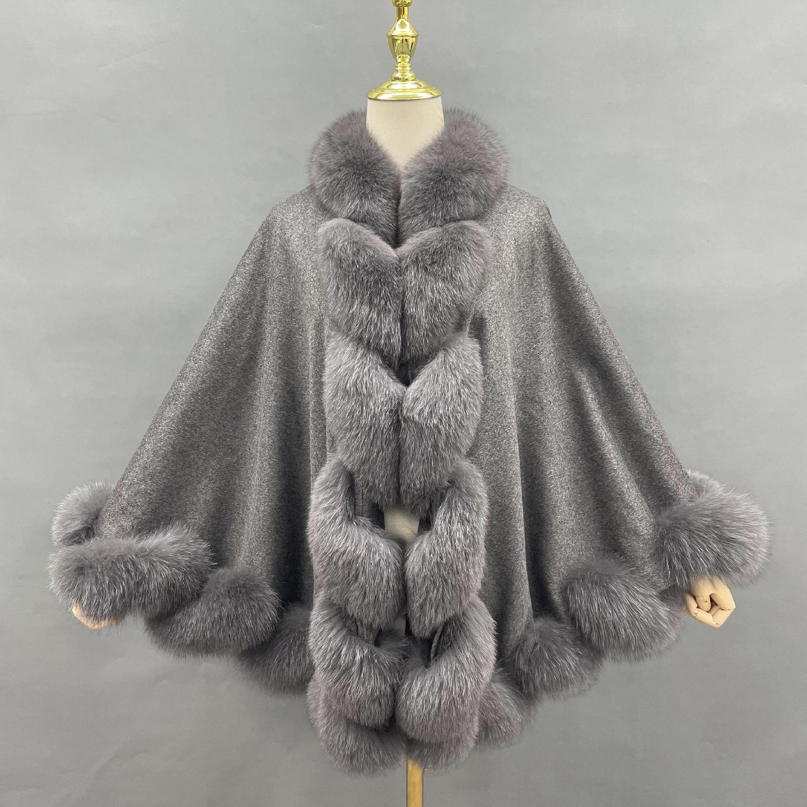 Full Wool Cashmere Cape with Real Fox Fur Fashionable Luxurious Soft Shawl for Women's Coat - Janefur