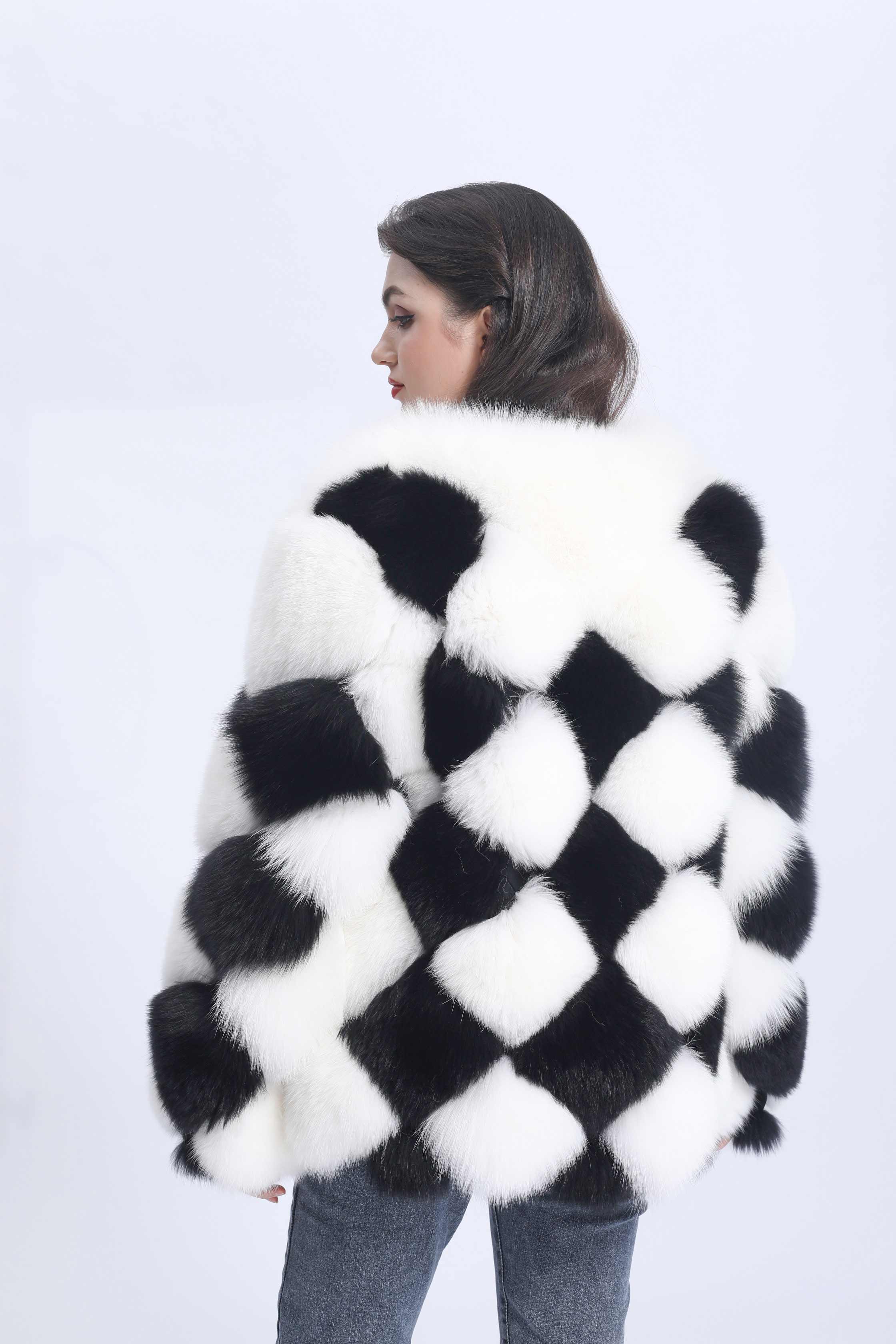 Premium Luxury Black And White Checked Real Fox Fur Coat For Women - Janefur